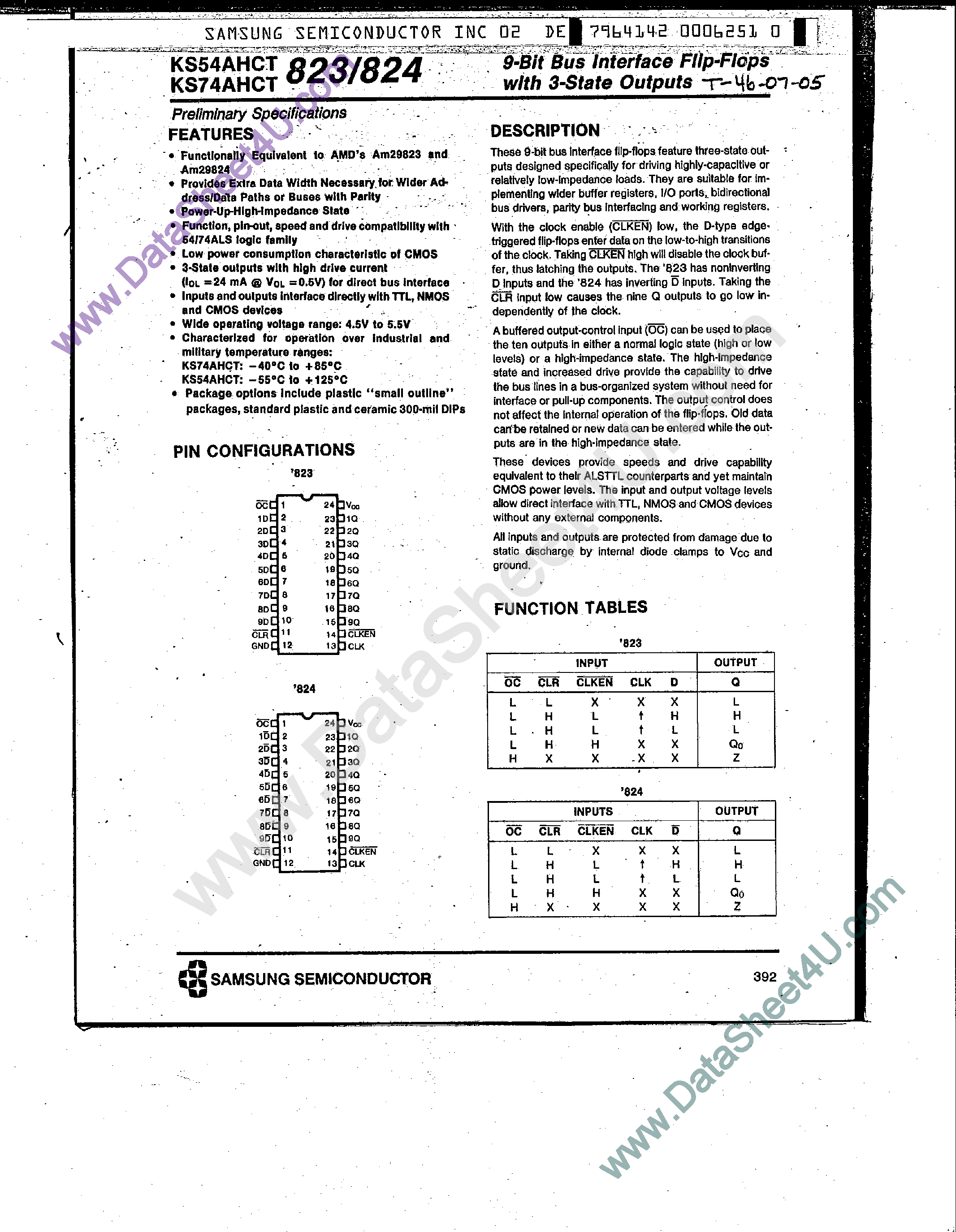 Даташит KS74AHCT823 - (KS74AHCT823 / KS74AHCT824) 9-Bit Bus Interface Flip-Flops страница 1