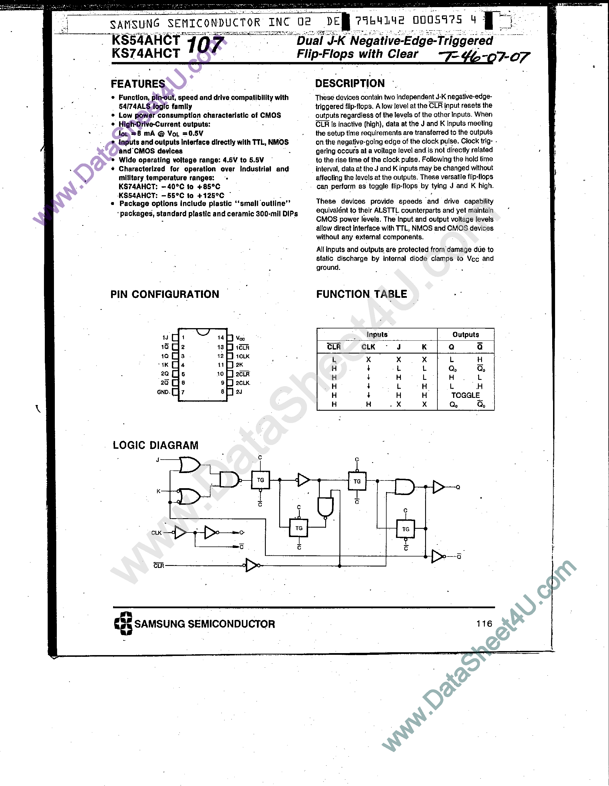 Даташит KS74AHCT107 - Dual J-K Negative-Edge-Triggered Flip-Flops страница 1