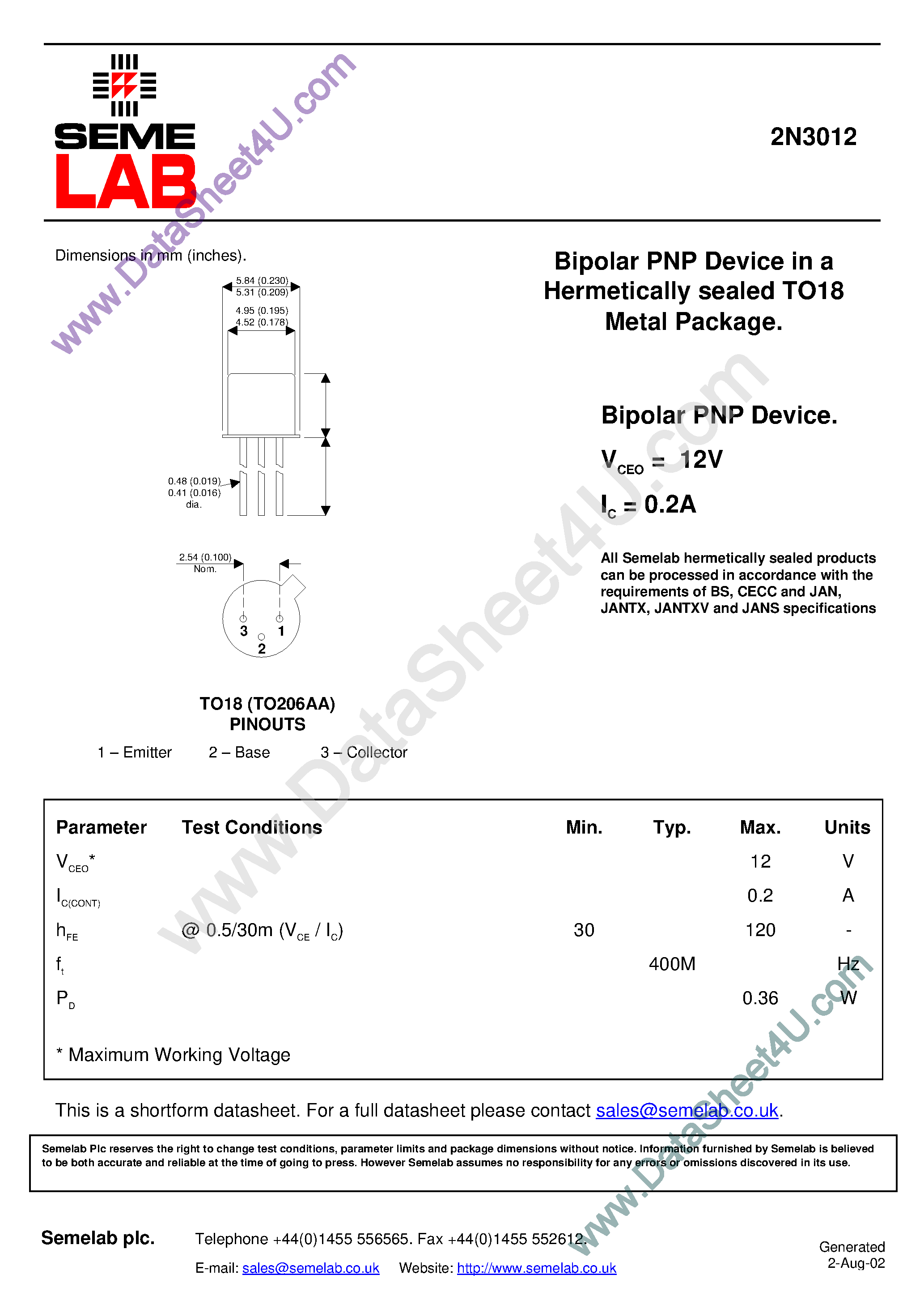 Даташит 2N3012 - Bipolar PNP Device страница 1