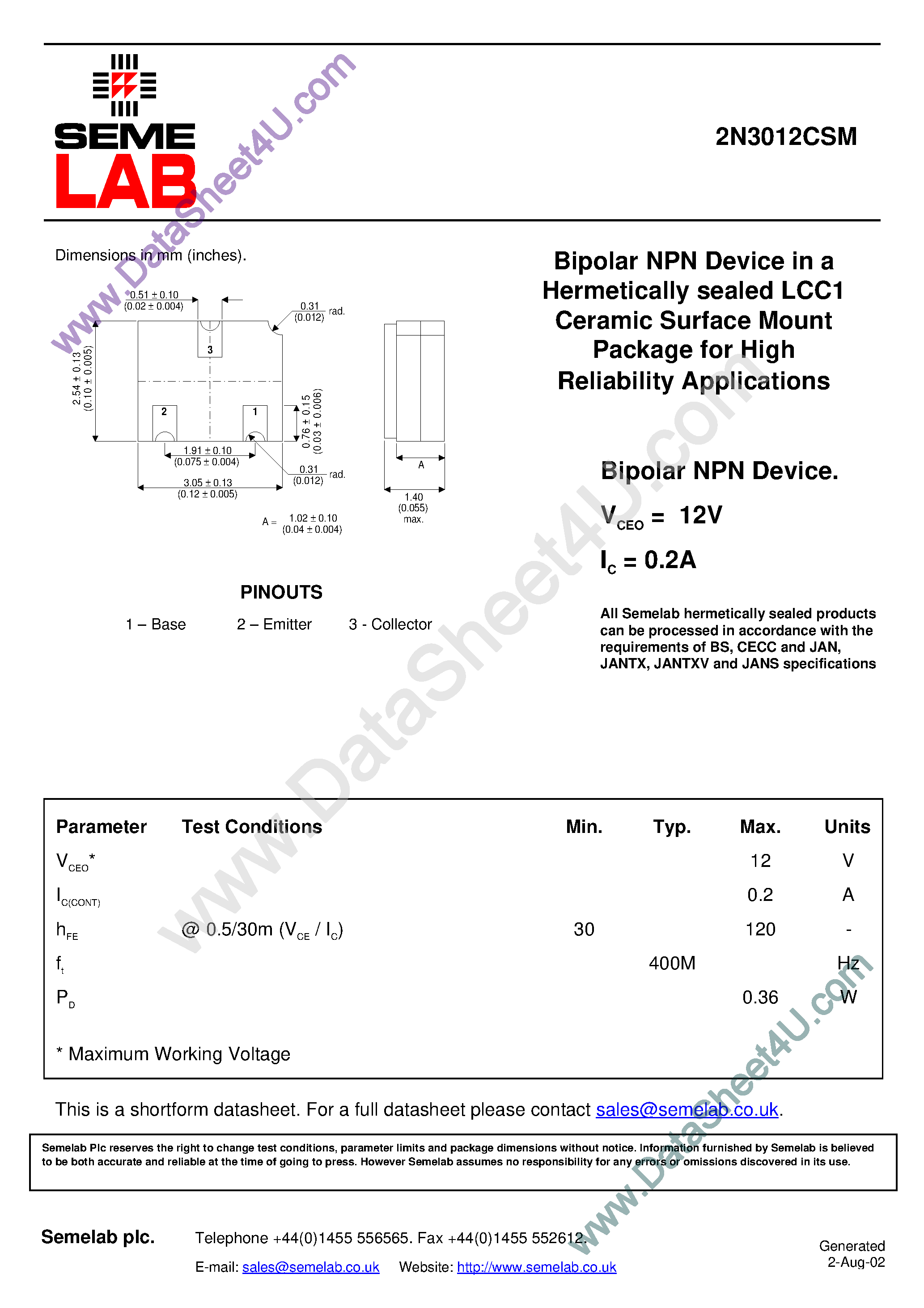 Даташит 2N3012CSM - Bipolar PNP Device страница 1