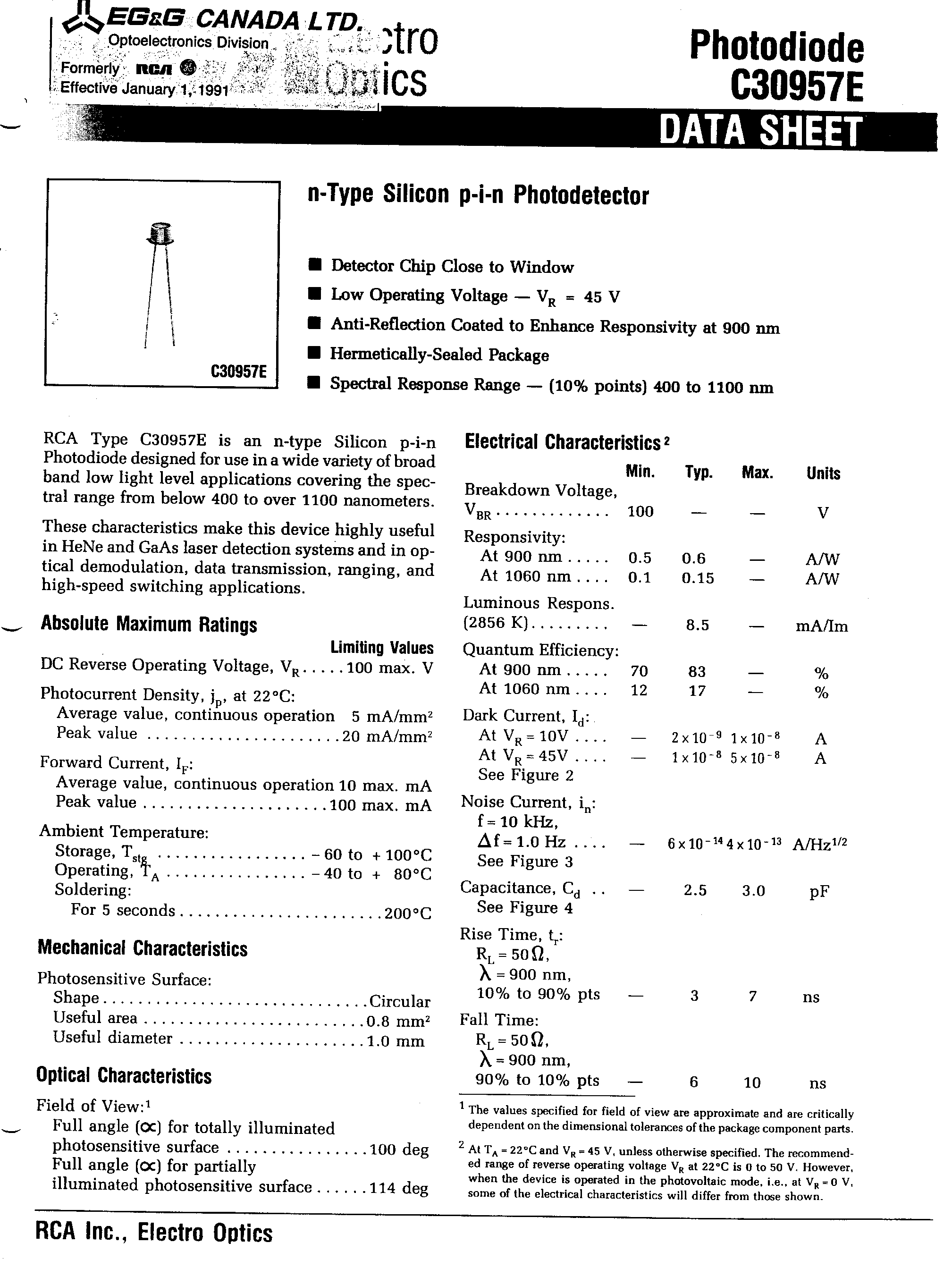 Даташит C30957E - N TYPE SILICON P- I - N PHOTODETECTOR страница 1