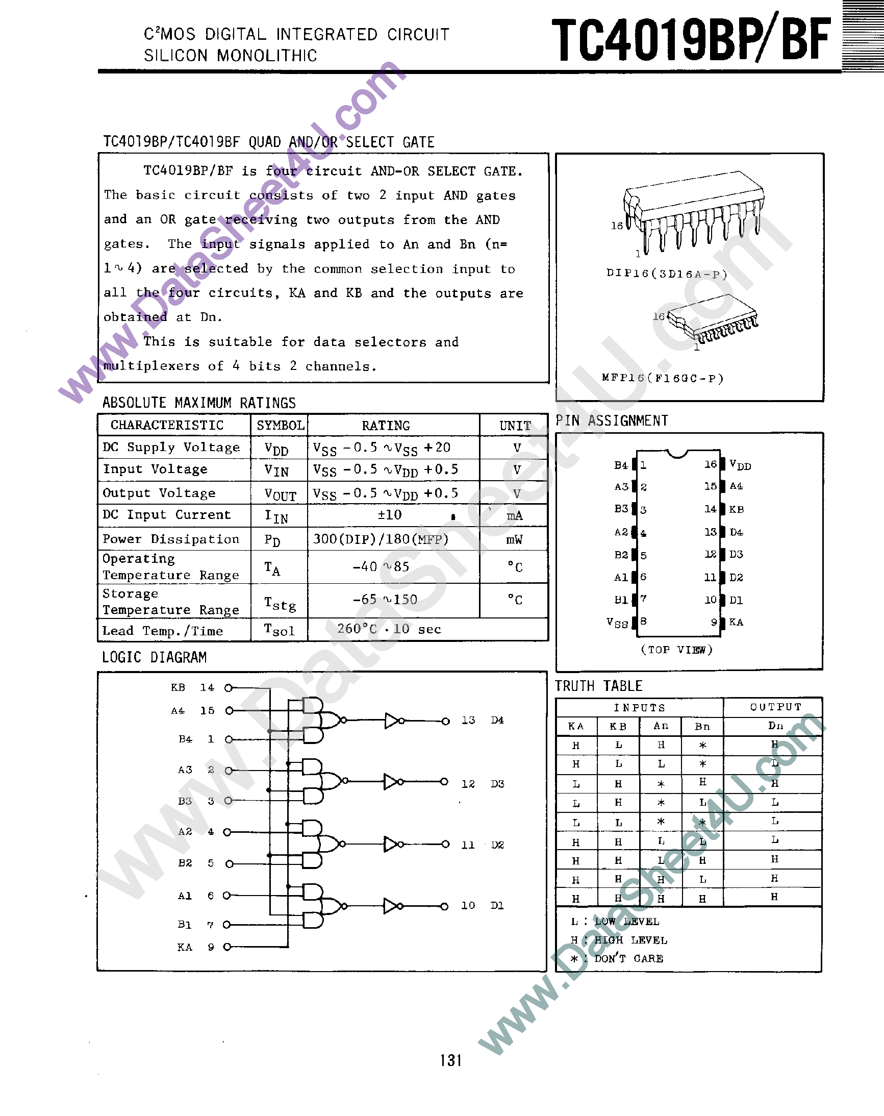 Даташит TC4019BF - (TC4019BP/BF) Quad AND/OR Select Gate страница 1