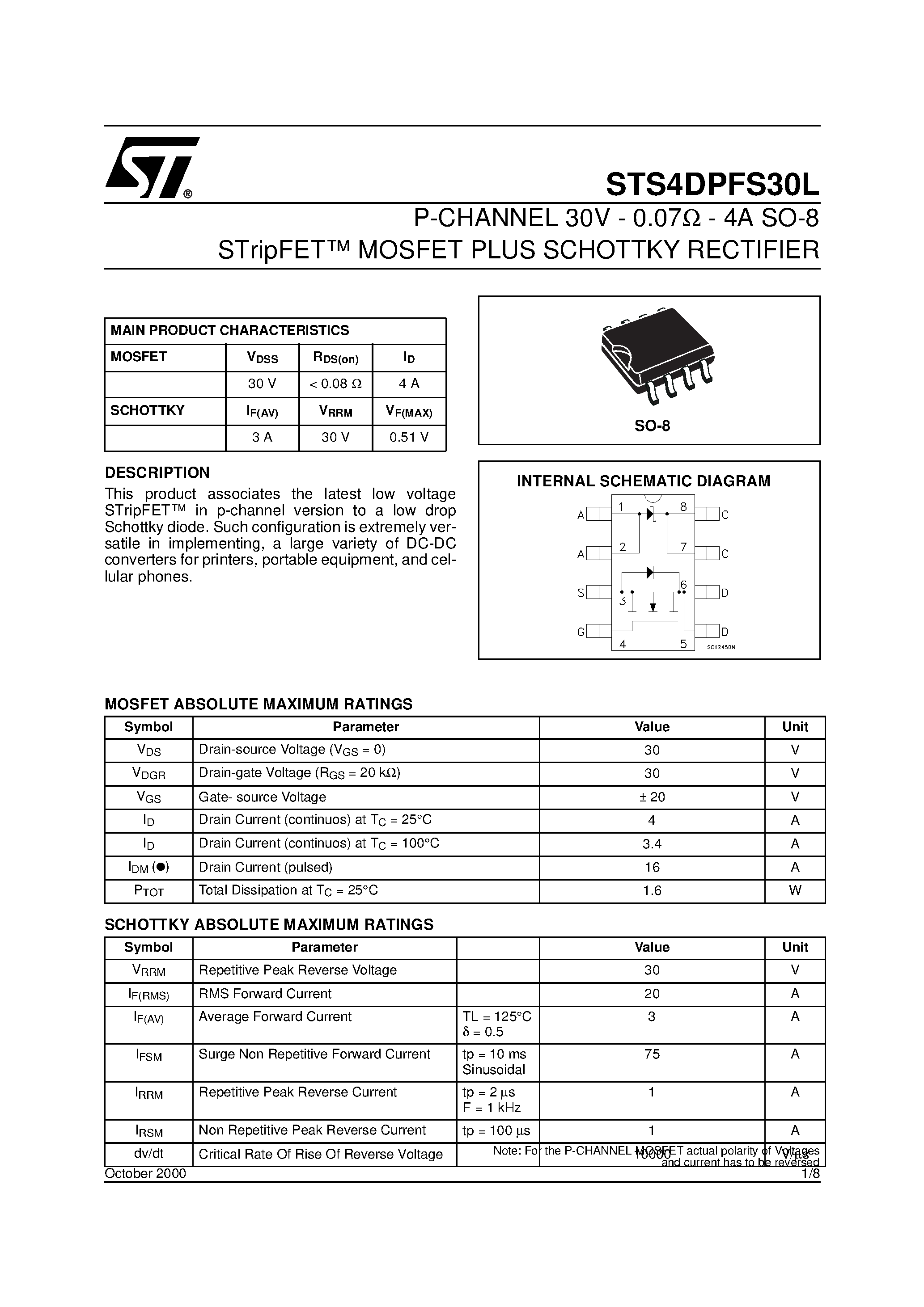 Даташит STS4DPFS30L - P-CHANNEL POWER MOSFET страница 1