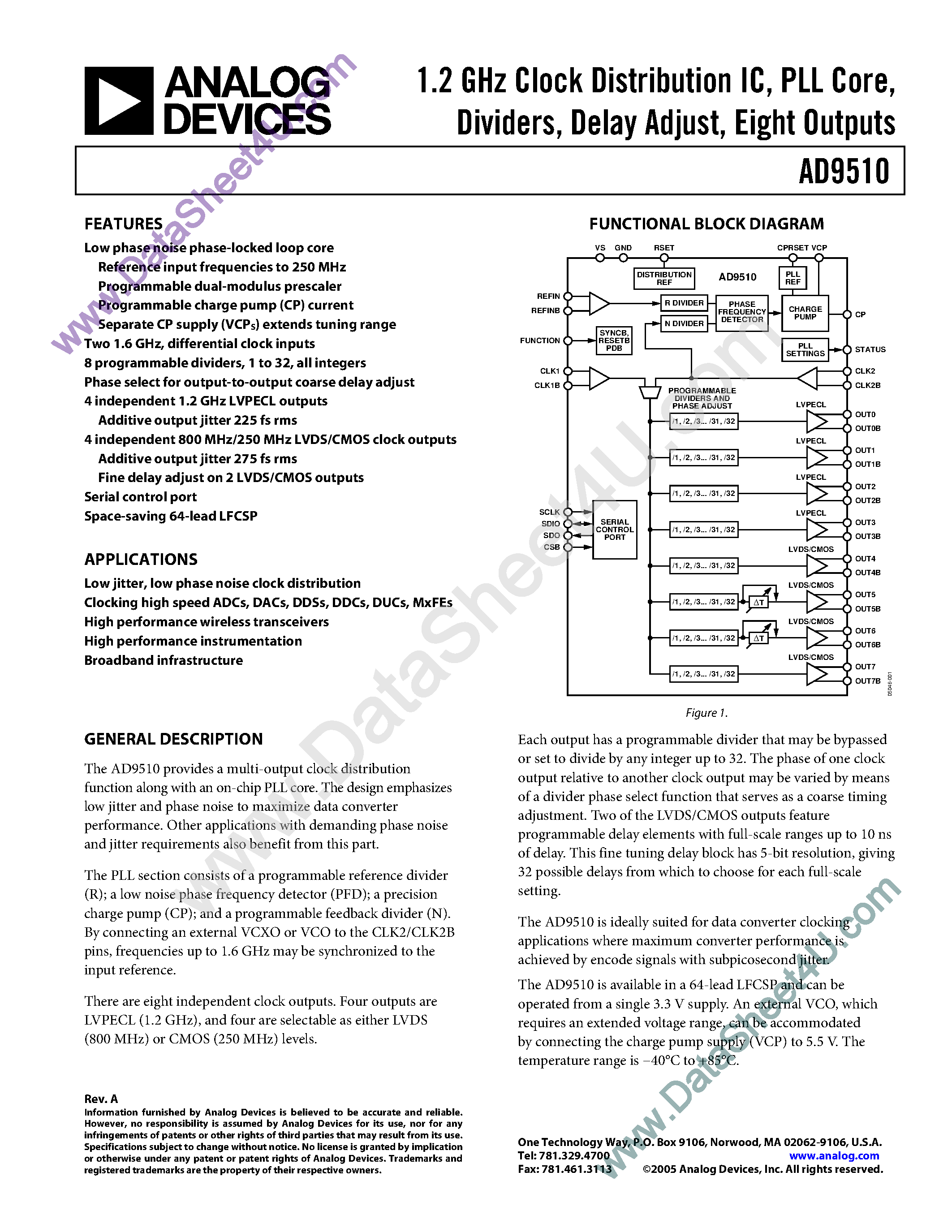 Datasheet AD9510 - 1.2Ghz Clock Distribution IC / PLL Core / Divider / Delay Adjust / 8 Outputs page 1