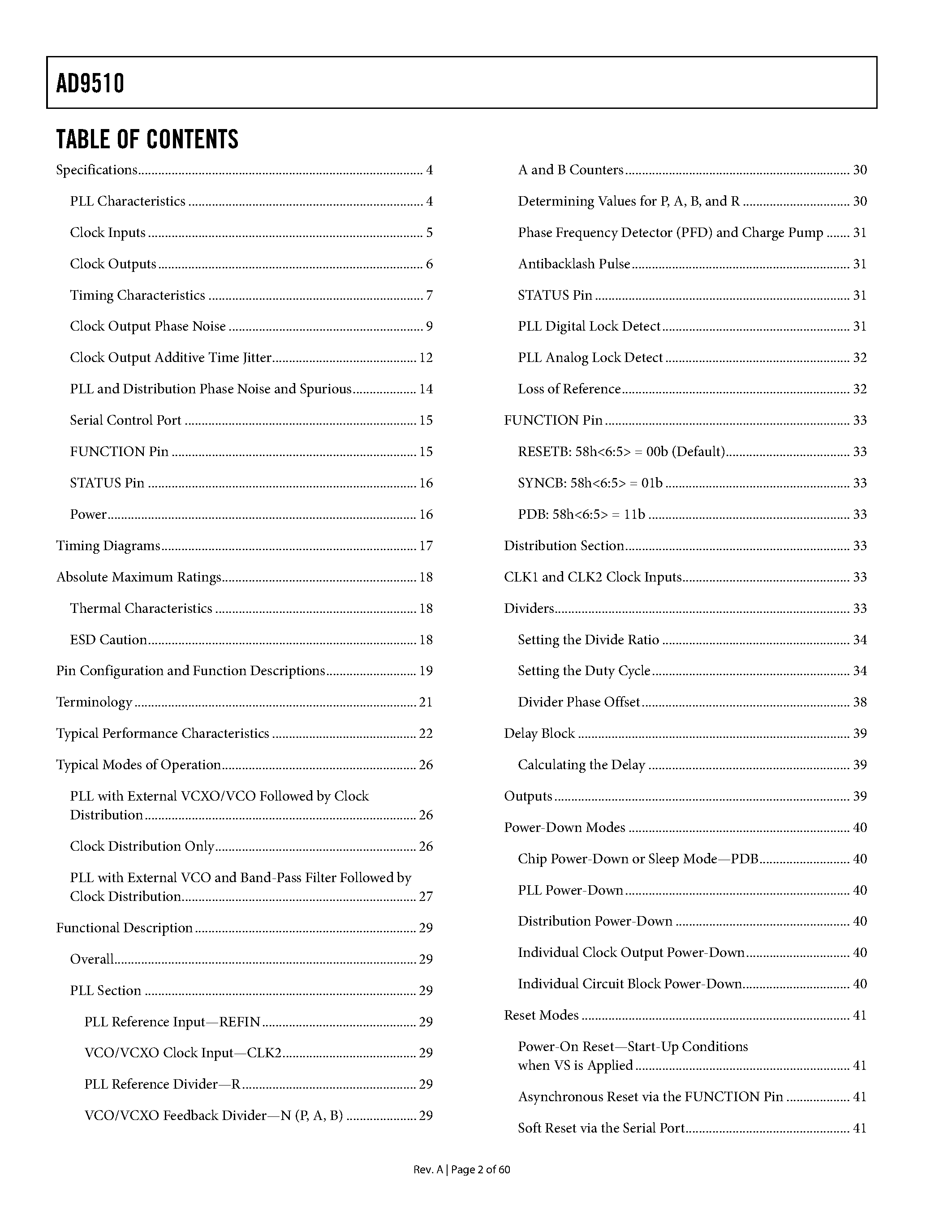 Datasheet AD9510 - 1.2Ghz Clock Distribution IC / PLL Core / Divider / Delay Adjust / 8 Outputs page 2