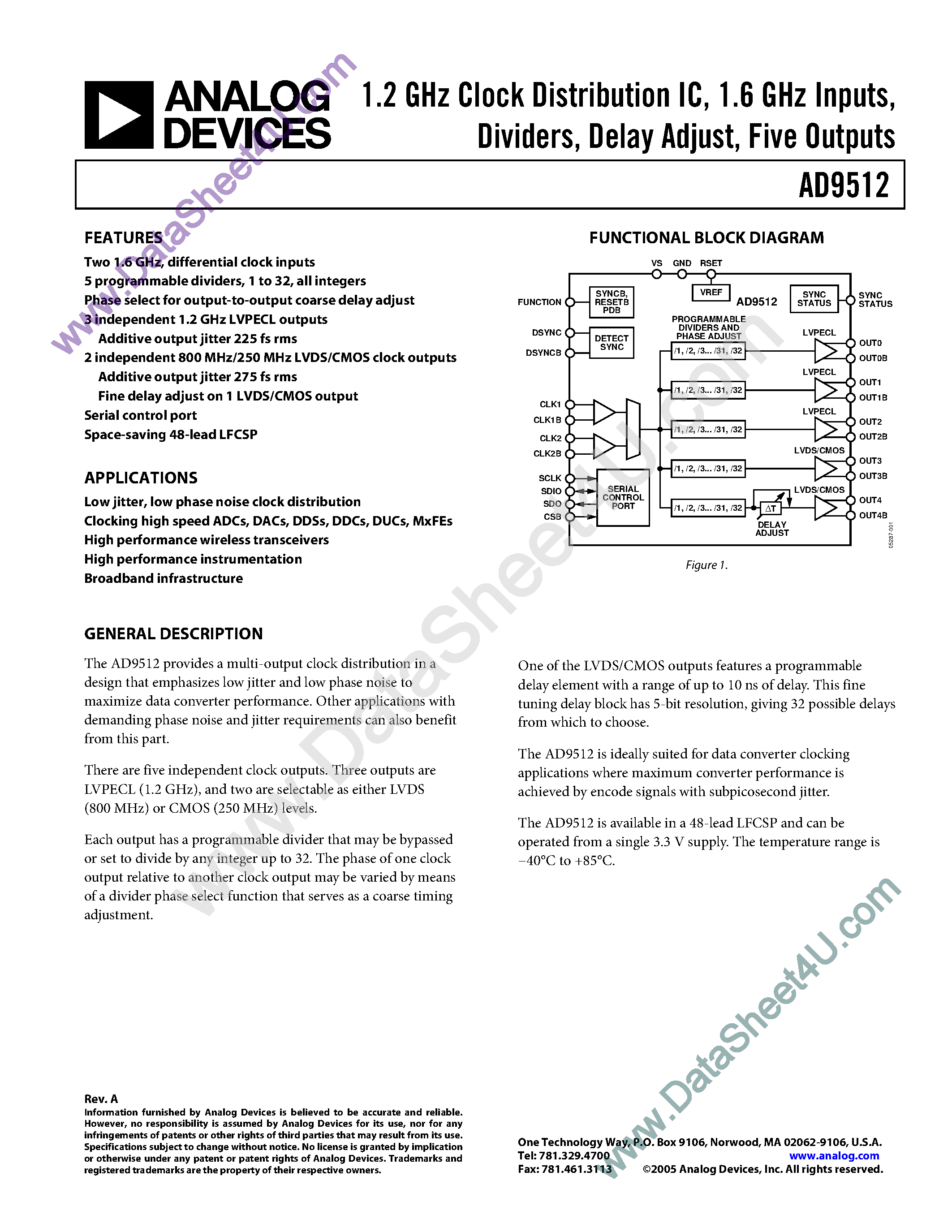 Datasheet AD9512 - 1.2Ghz Clock Distribution IC / Divider / Delay Adjust / 5 Outputs page 1