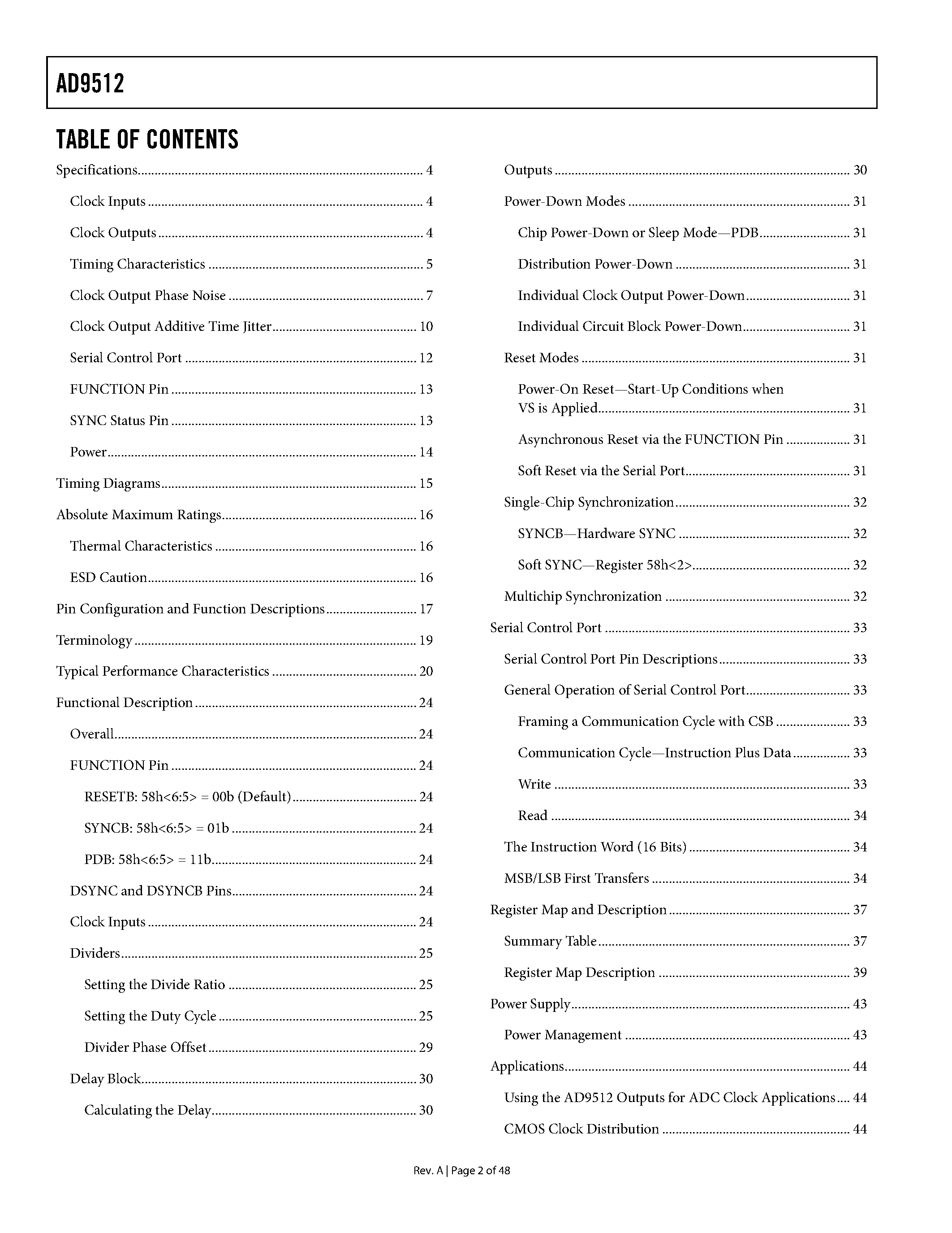 Datasheet AD9512 - 1.2Ghz Clock Distribution IC / Divider / Delay Adjust / 5 Outputs page 2