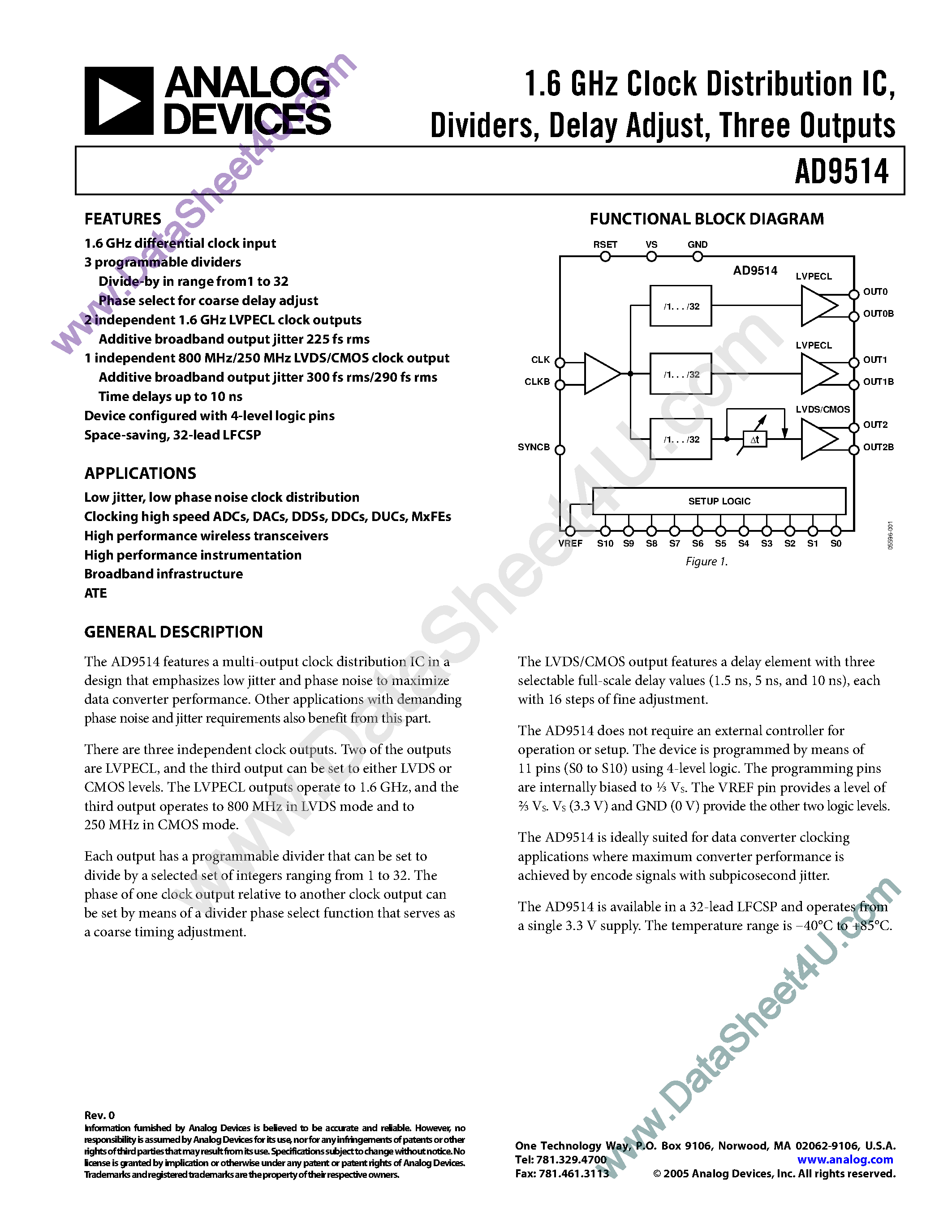 Datasheet AD9514 - 1.6Ghz Clock Distribution IC / Divider / Delay Adjust / 3 Outputs page 1