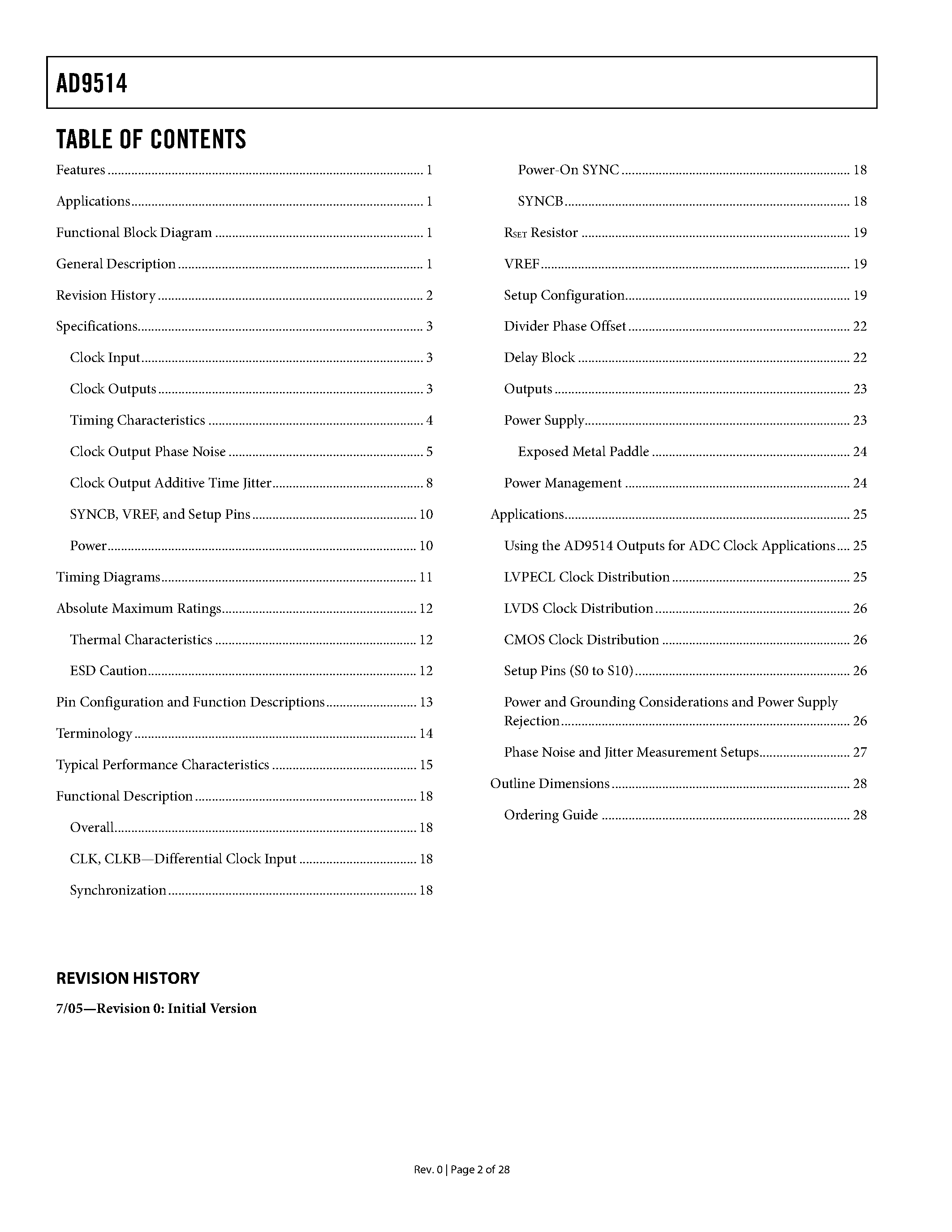 Datasheet AD9514 - 1.6Ghz Clock Distribution IC / Divider / Delay Adjust / 3 Outputs page 2