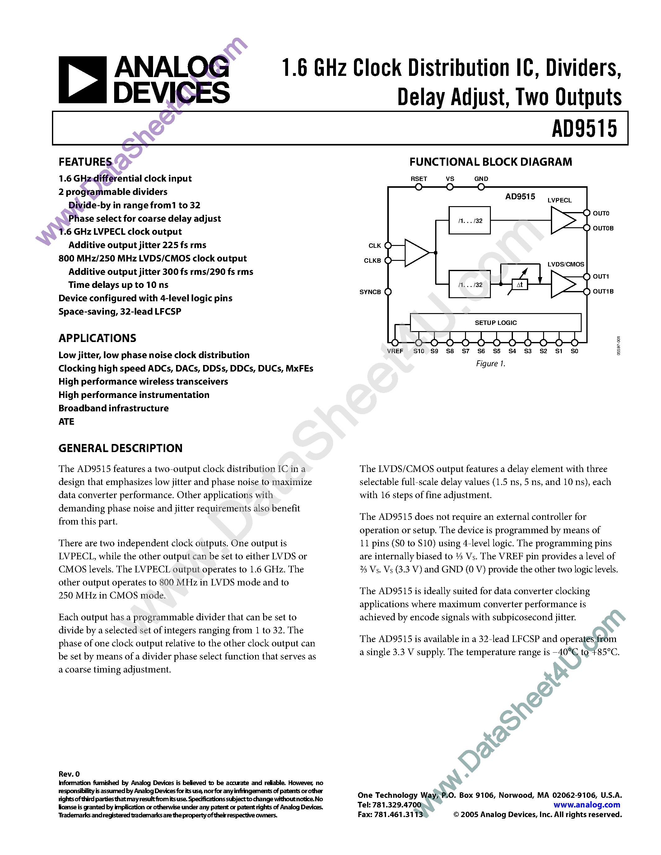 Datasheet AD9515 - 1.6Ghz Clock Distribution IC / Divider / Delay Adjust / 2 Outputs page 1