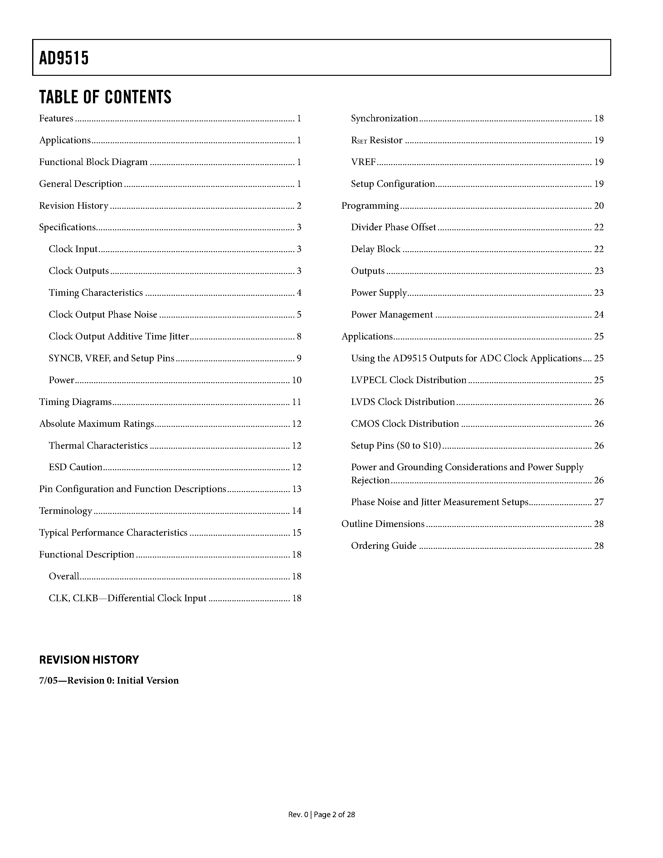 Datasheet AD9515 - 1.6Ghz Clock Distribution IC / Divider / Delay Adjust / 2 Outputs page 2