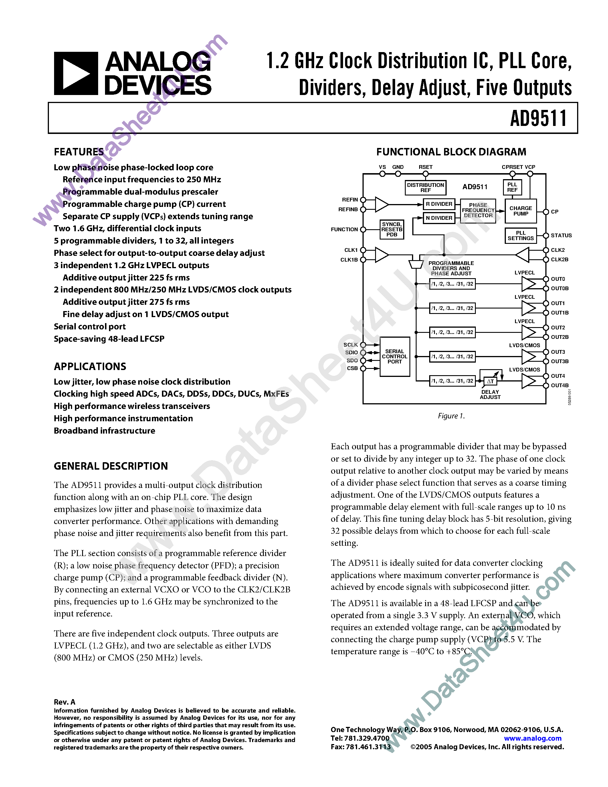 Datasheet AD9511 - 1.2Ghz Clock Distribution IC / Divider / Delay Adjust / 5 Outputs page 1