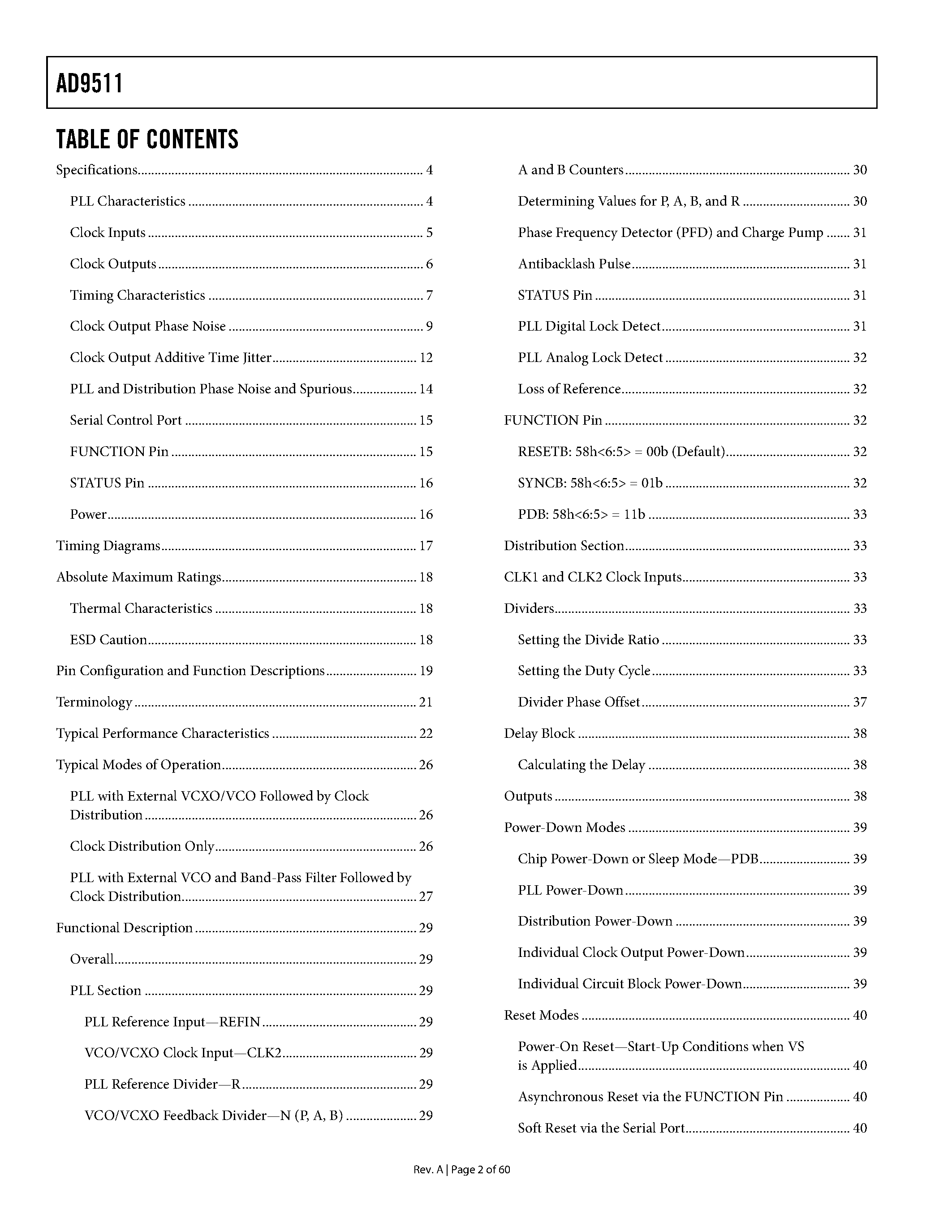 Datasheet AD9511 - 1.2Ghz Clock Distribution IC / Divider / Delay Adjust / 5 Outputs page 2