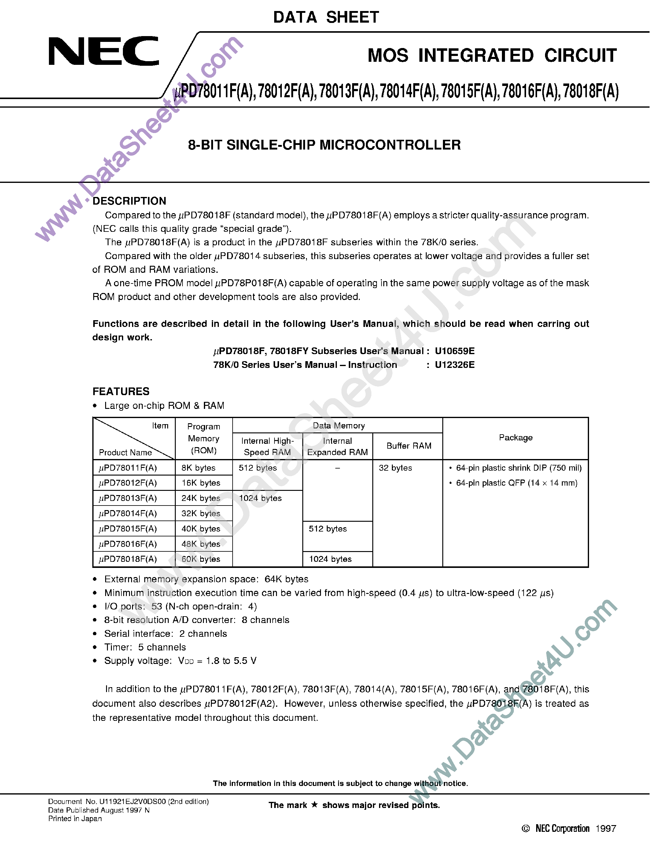 Даташит UPD78013FA - (UPD7801xF) 8-Bit Single-Chip Microcontroller страница 1