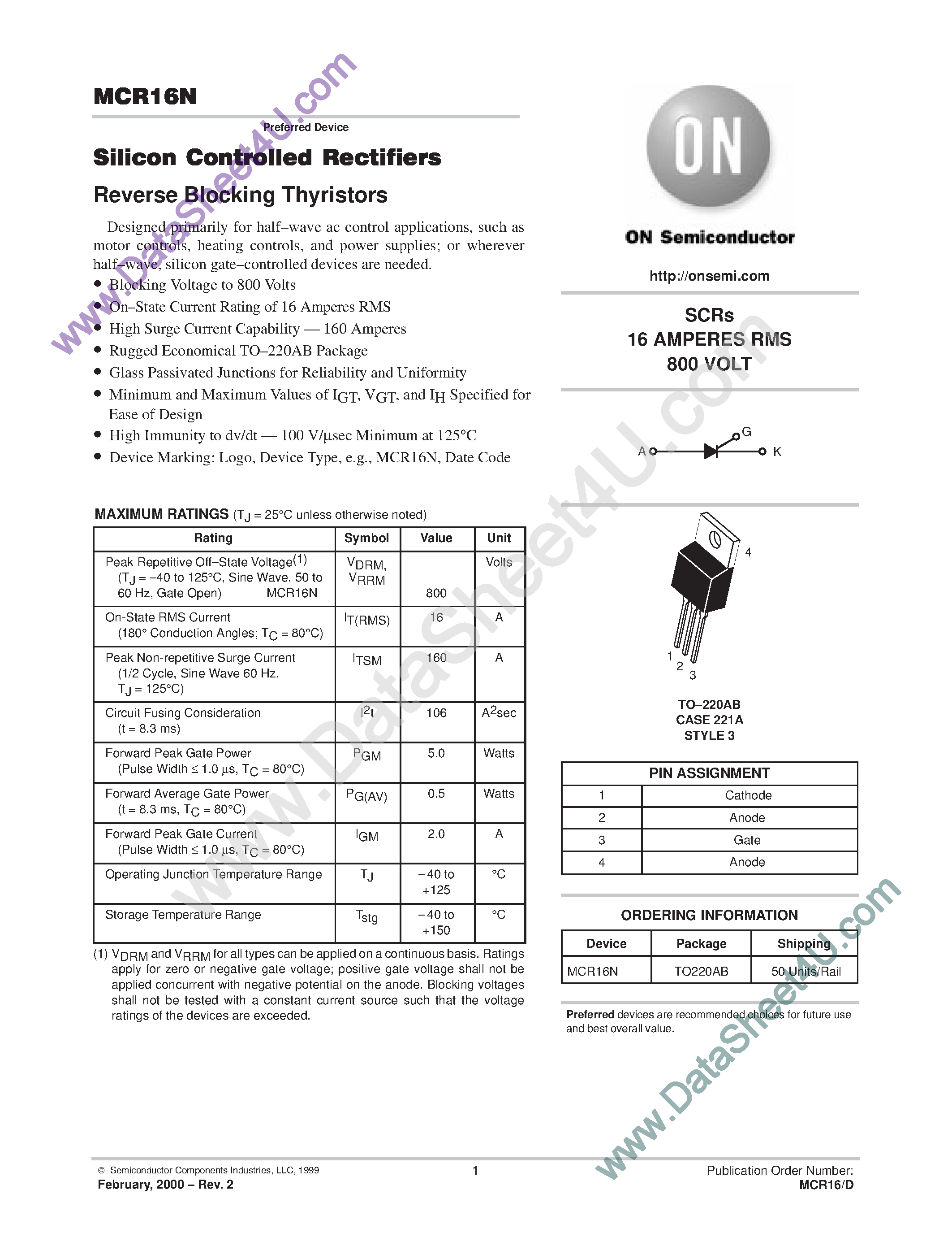 Datasheet MCR16N - Reverse Blocking Thyristors page 1