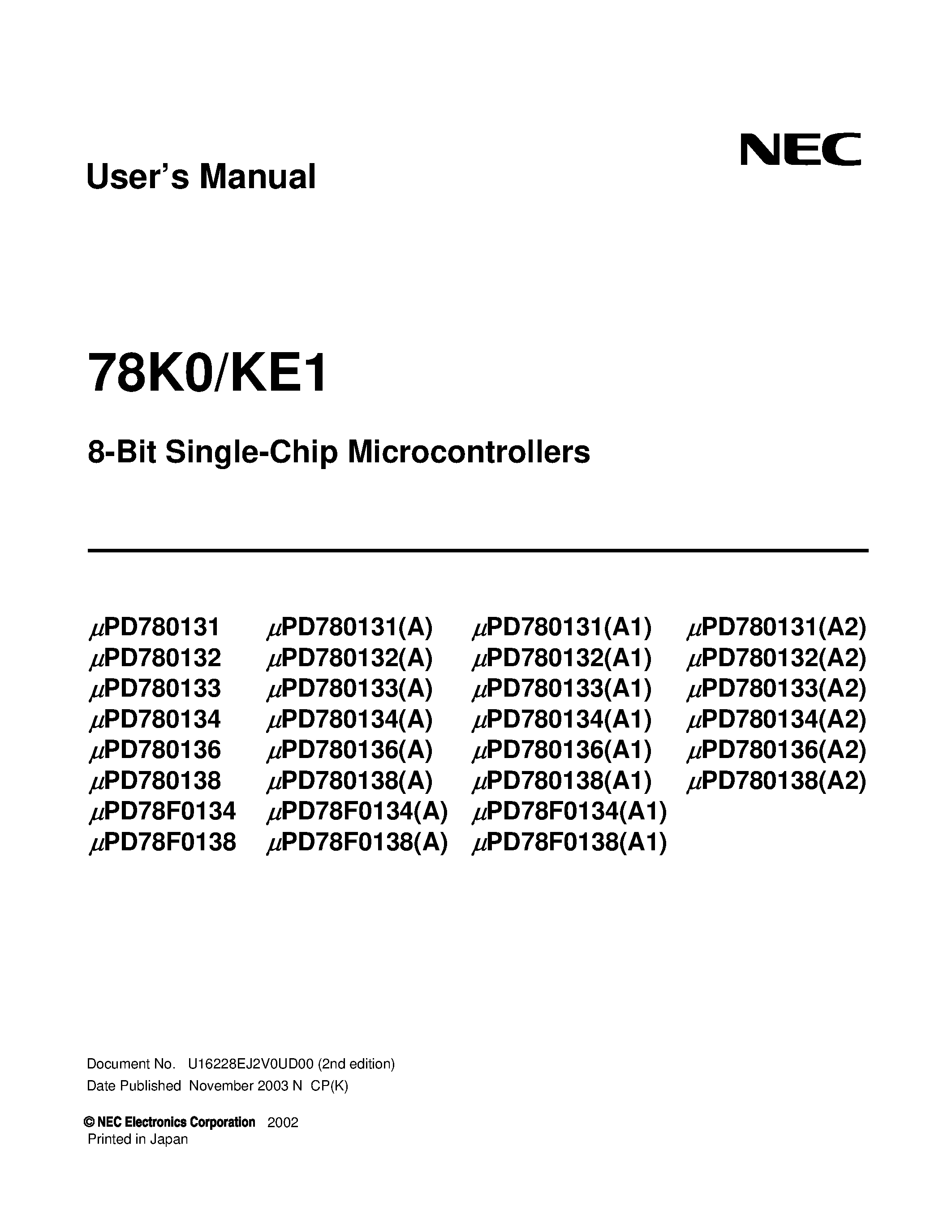 Даташит UPD780136 - (UPD78xxxx) 8-Bit Single-Chip Microcontrollers страница 1