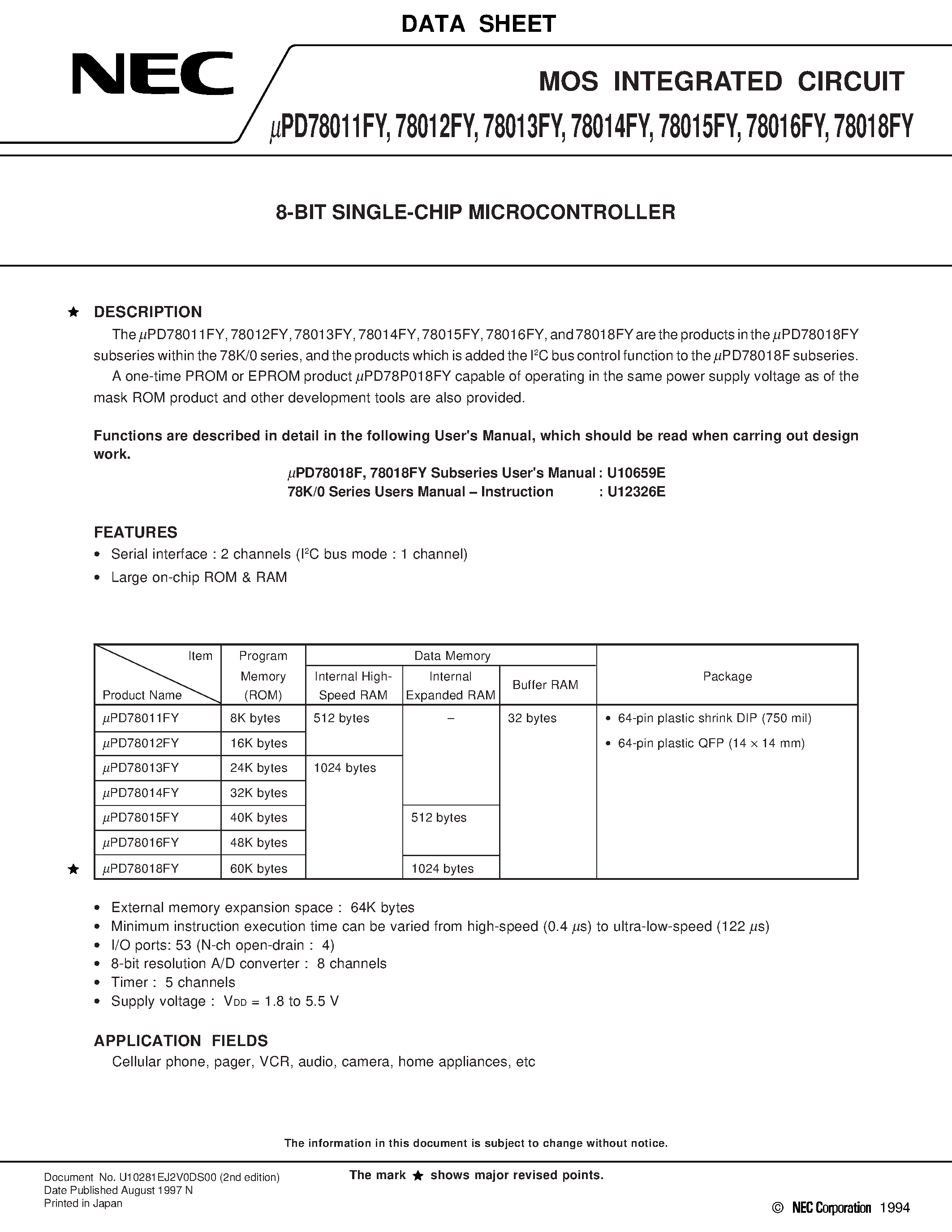 Даташит UPD78013FY - (UPD7801xFY) 8-Bit Single-Chip Microcontroller страница 1