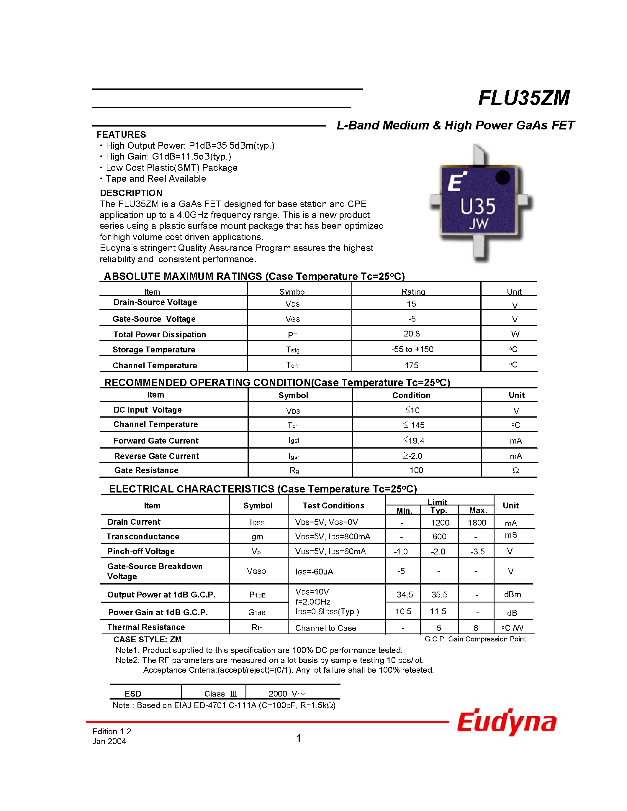 Datasheet FLU35ZM - L-Band Medium & High Power GaAs FET page 1