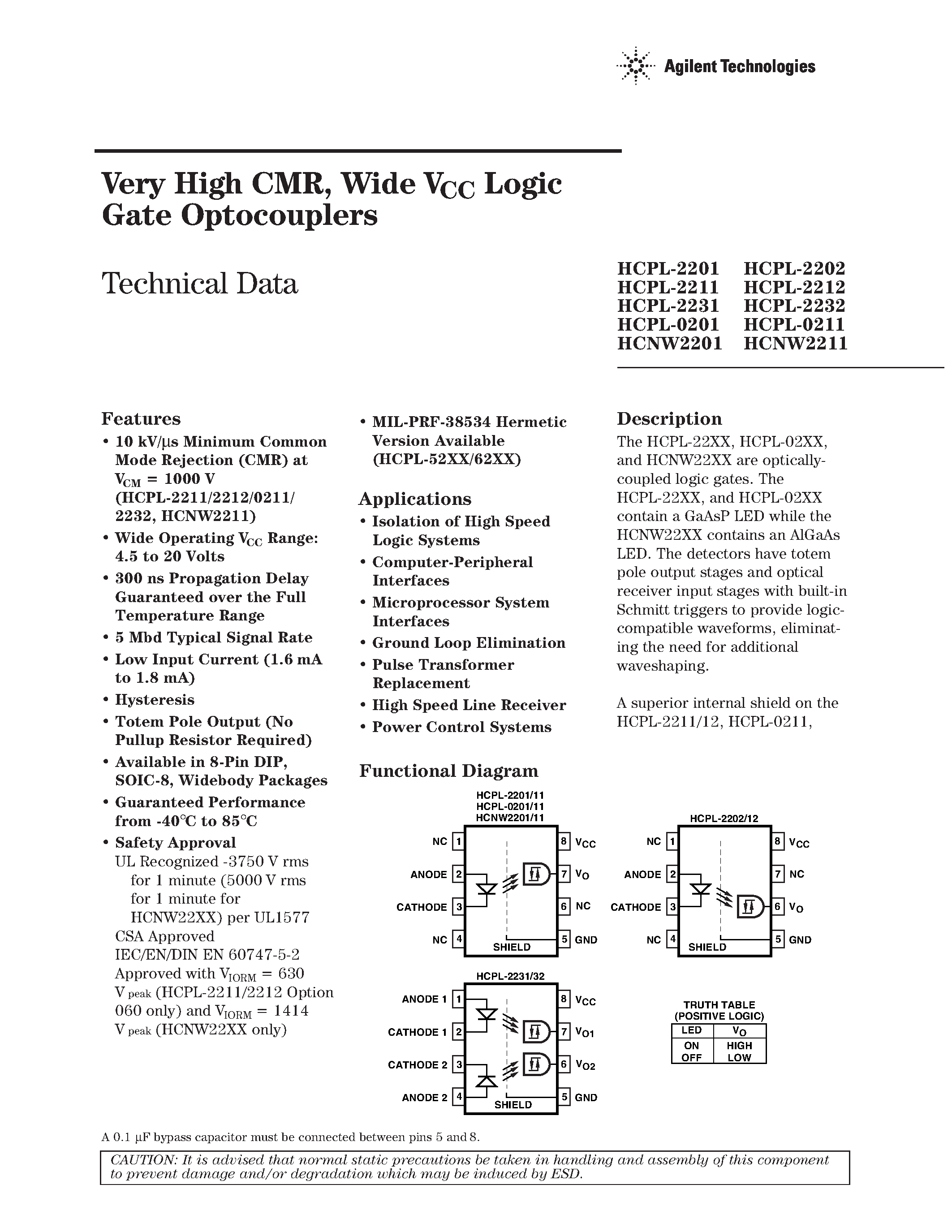 Datasheet HCPL-0201 - (HCPL-xxxx) Very High CMR / Wide VCC Logic Gate Optocouplers page 1