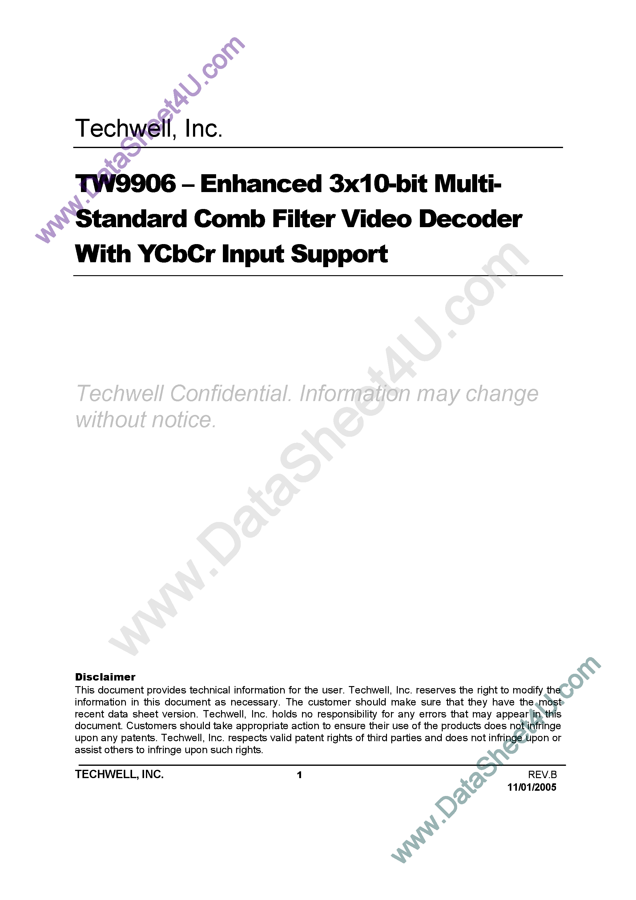 Даташит TW9906 - Enhanced 3 x 10-Bit Multi Standard Comb Filter Video Decoder страница 1