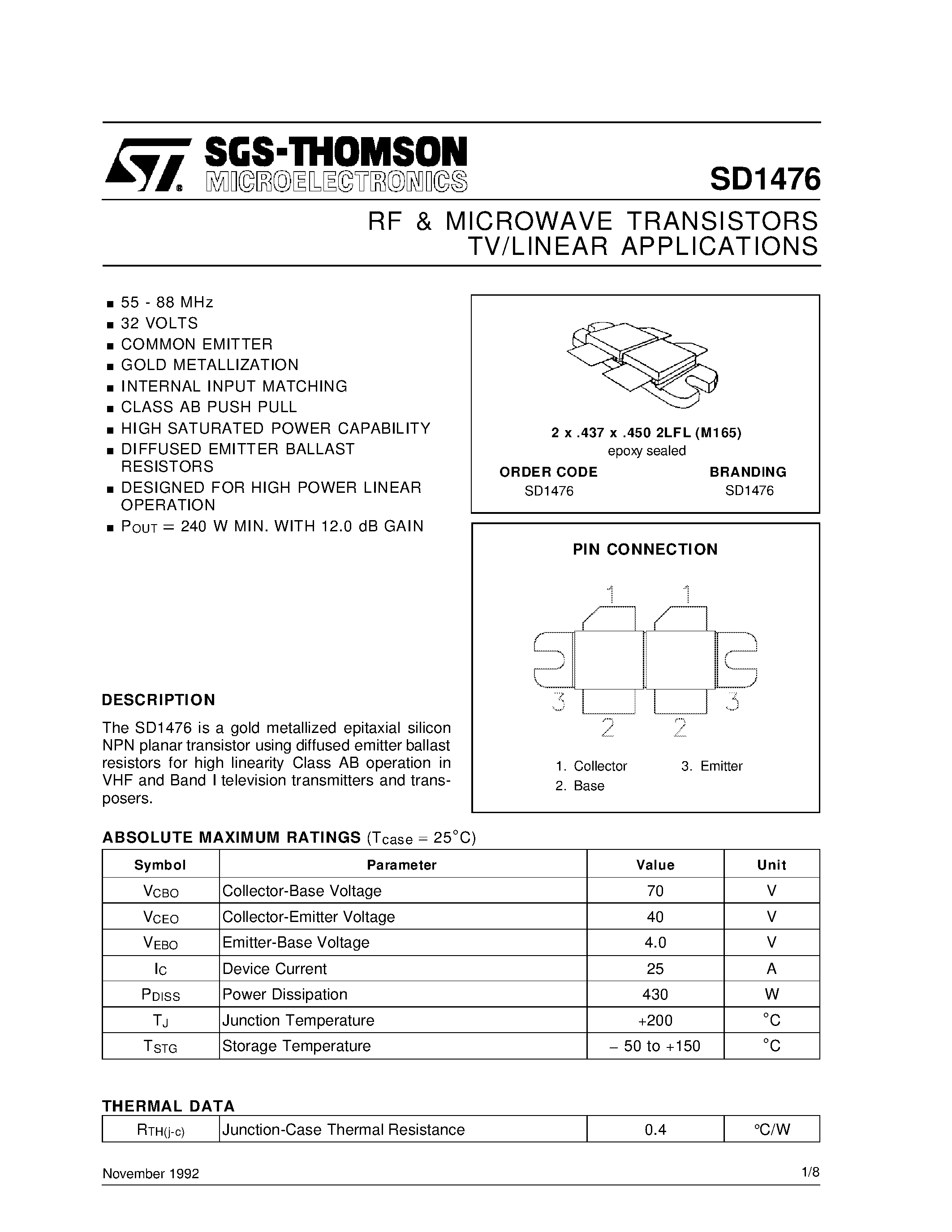 Даташит SD1476 - RF & MICROWAVE TRANSISTORS TV/LINEAR APPLICATIONS страница 1