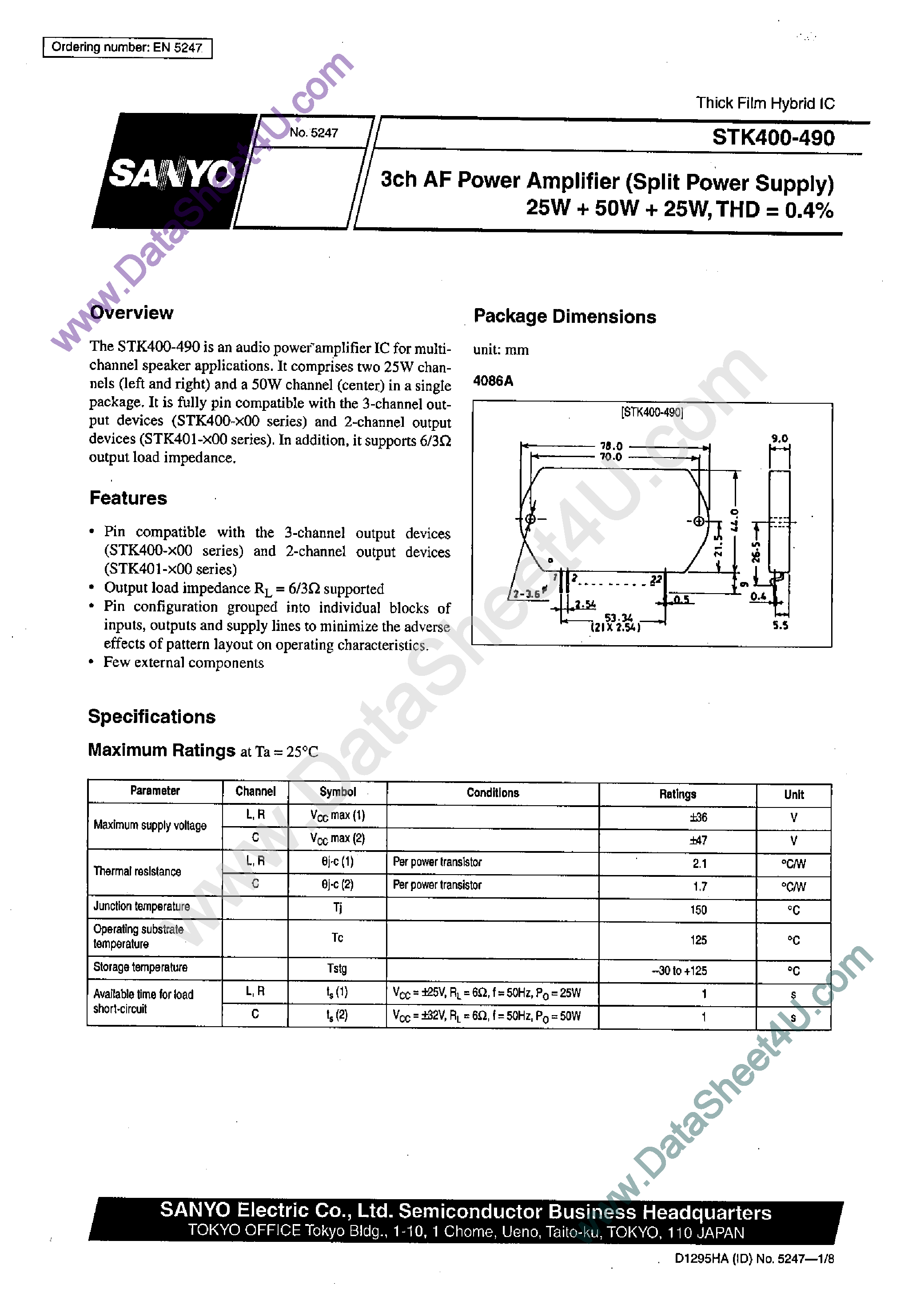 Datasheet STK400-490 - AF Power Amplifier page 1