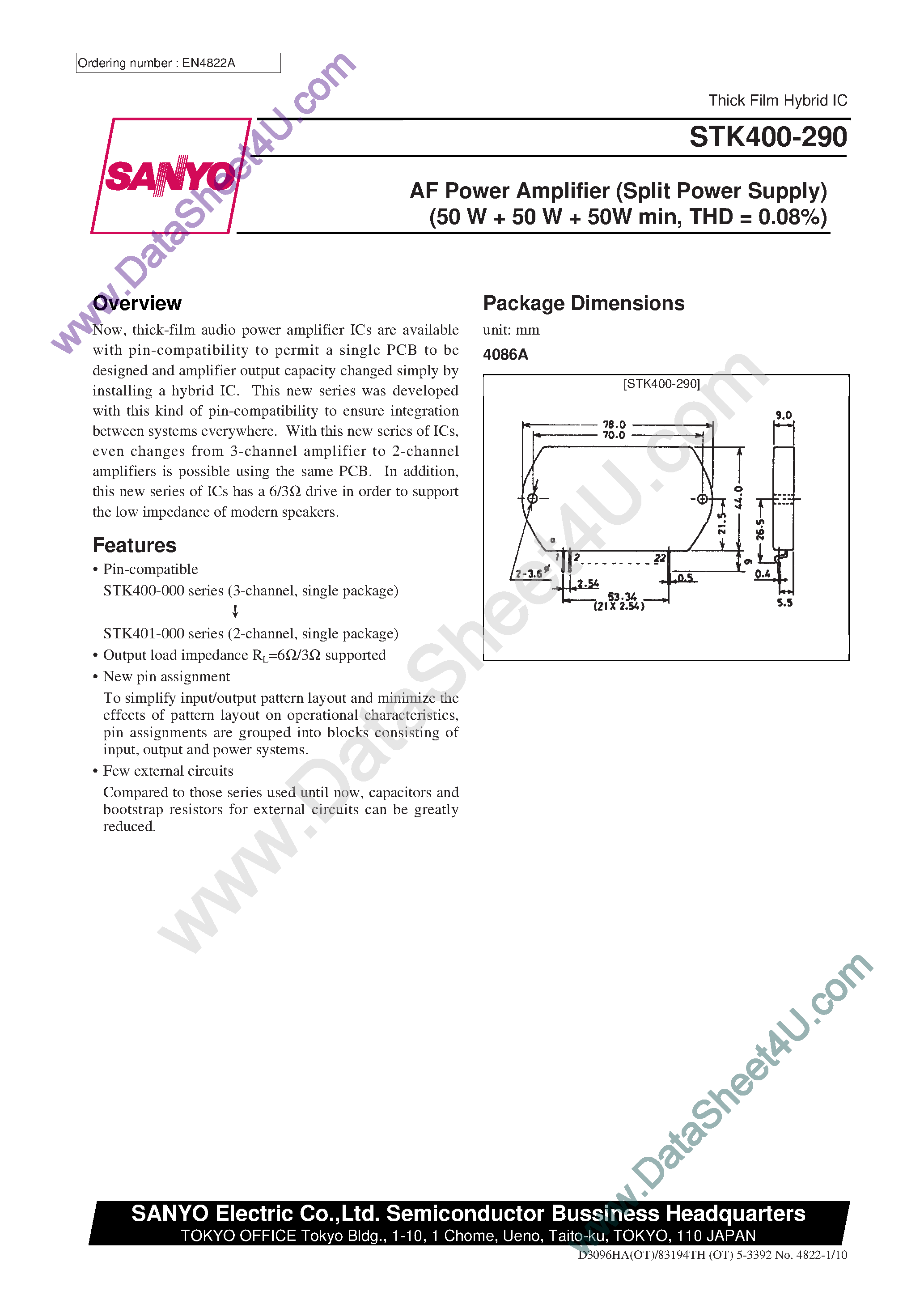 Datasheet STK400-290 - AF Power Amplifier page 1