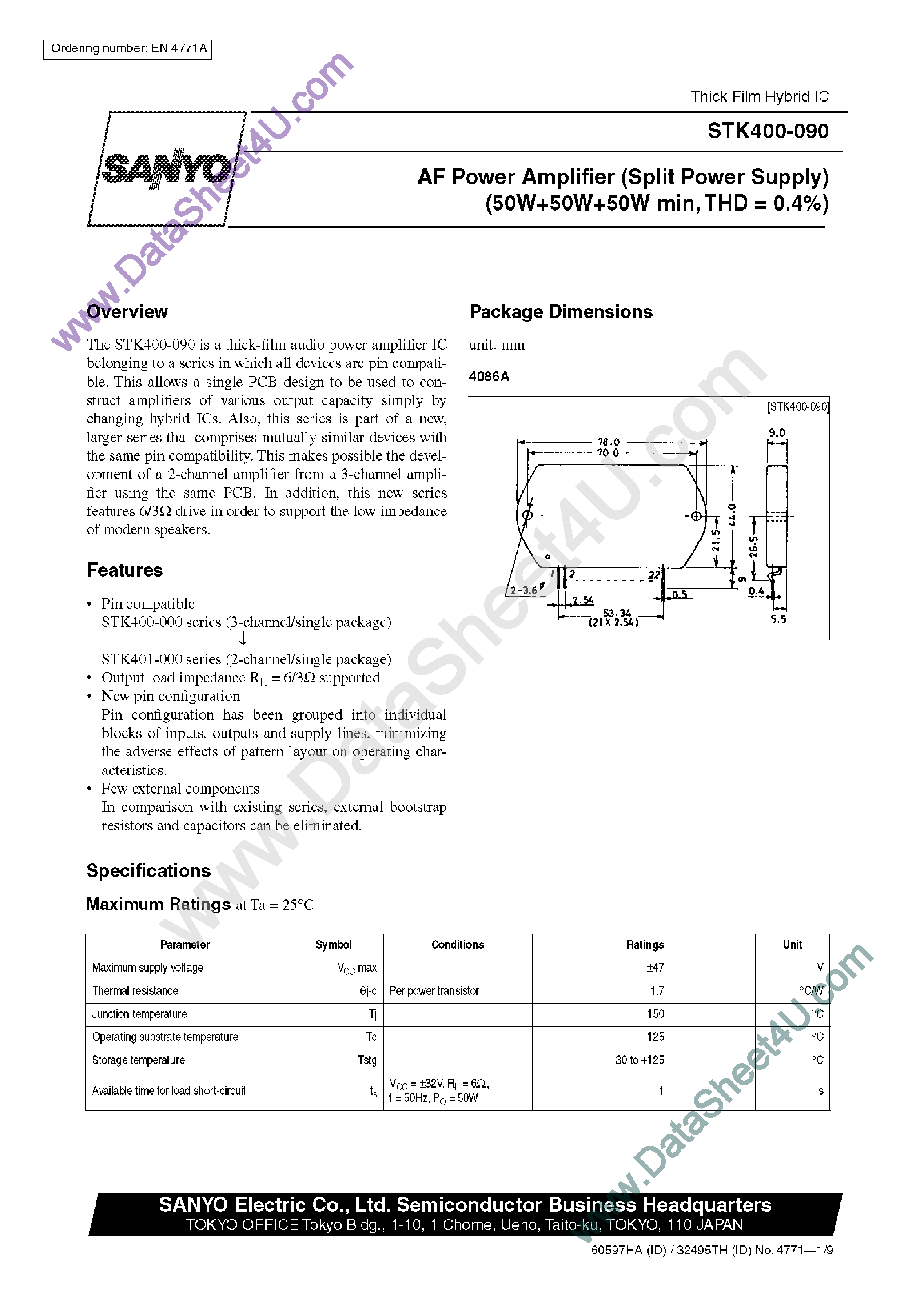 Datasheet STK400-090 - AF Power Amplifier page 1