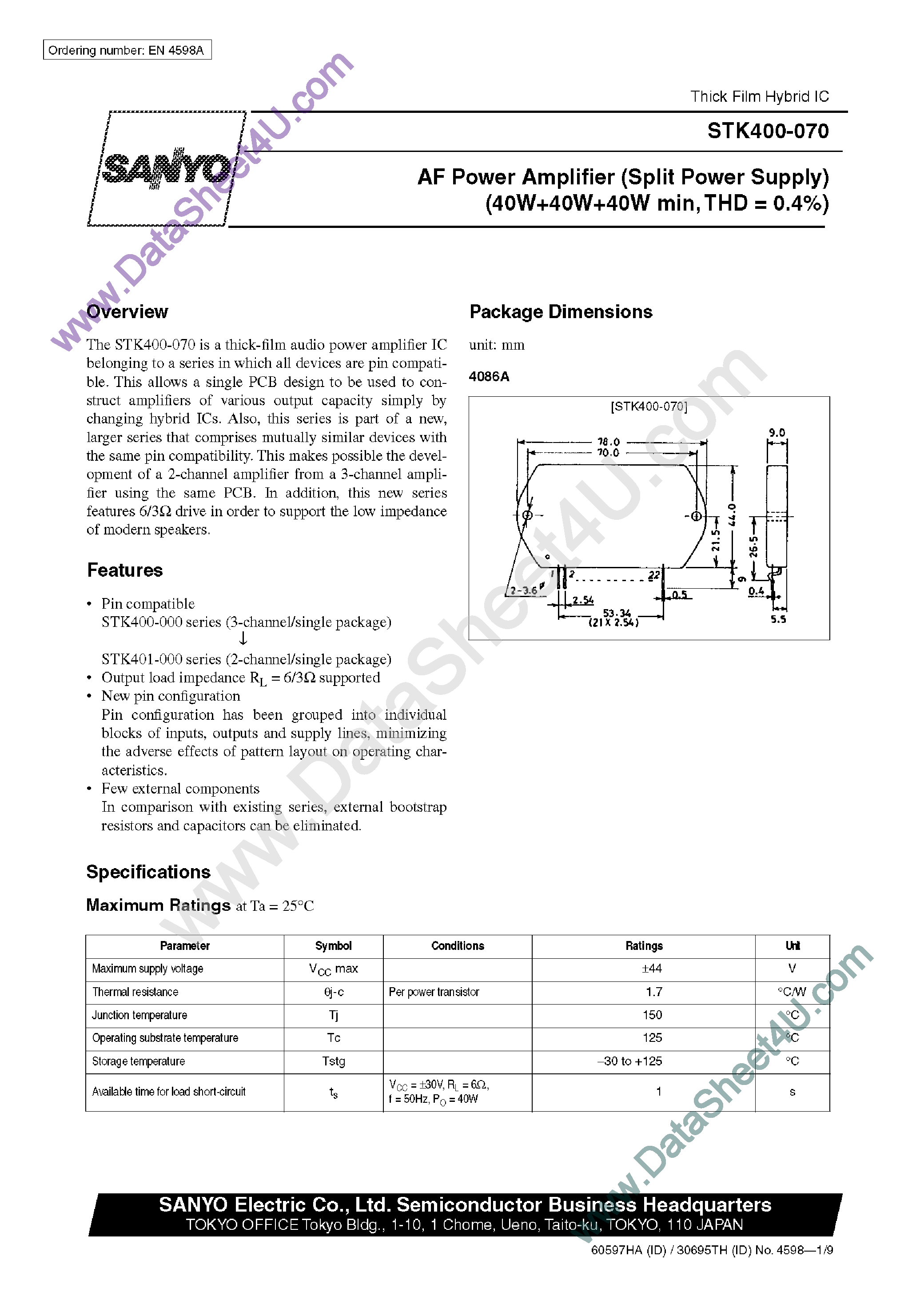 Datasheet STK400-070 - AF Power Amplifier page 1