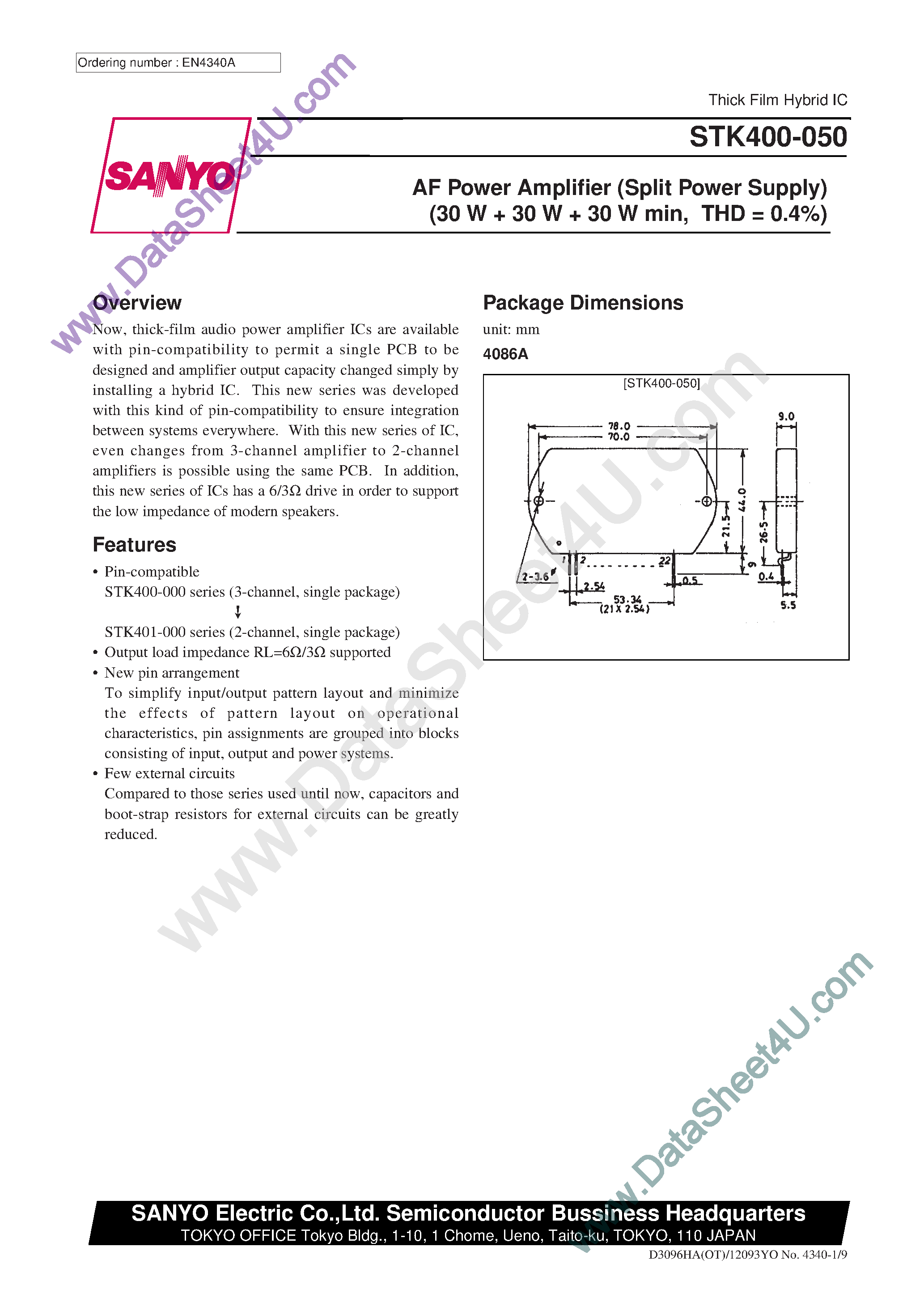 Datasheet STK400-050 - AF Power Amplifier page 1