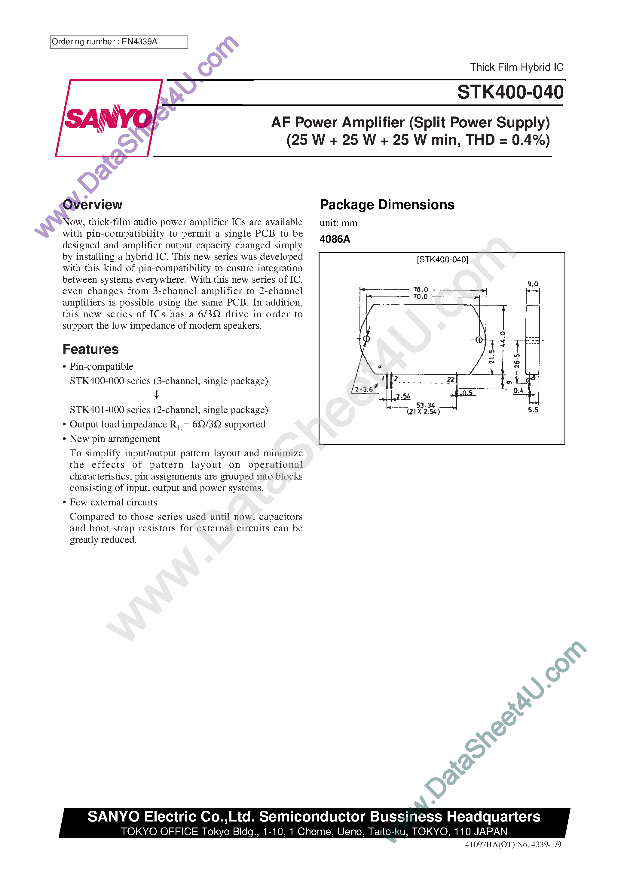 Datasheet STK400-040 - AF Power Amplifier page 1