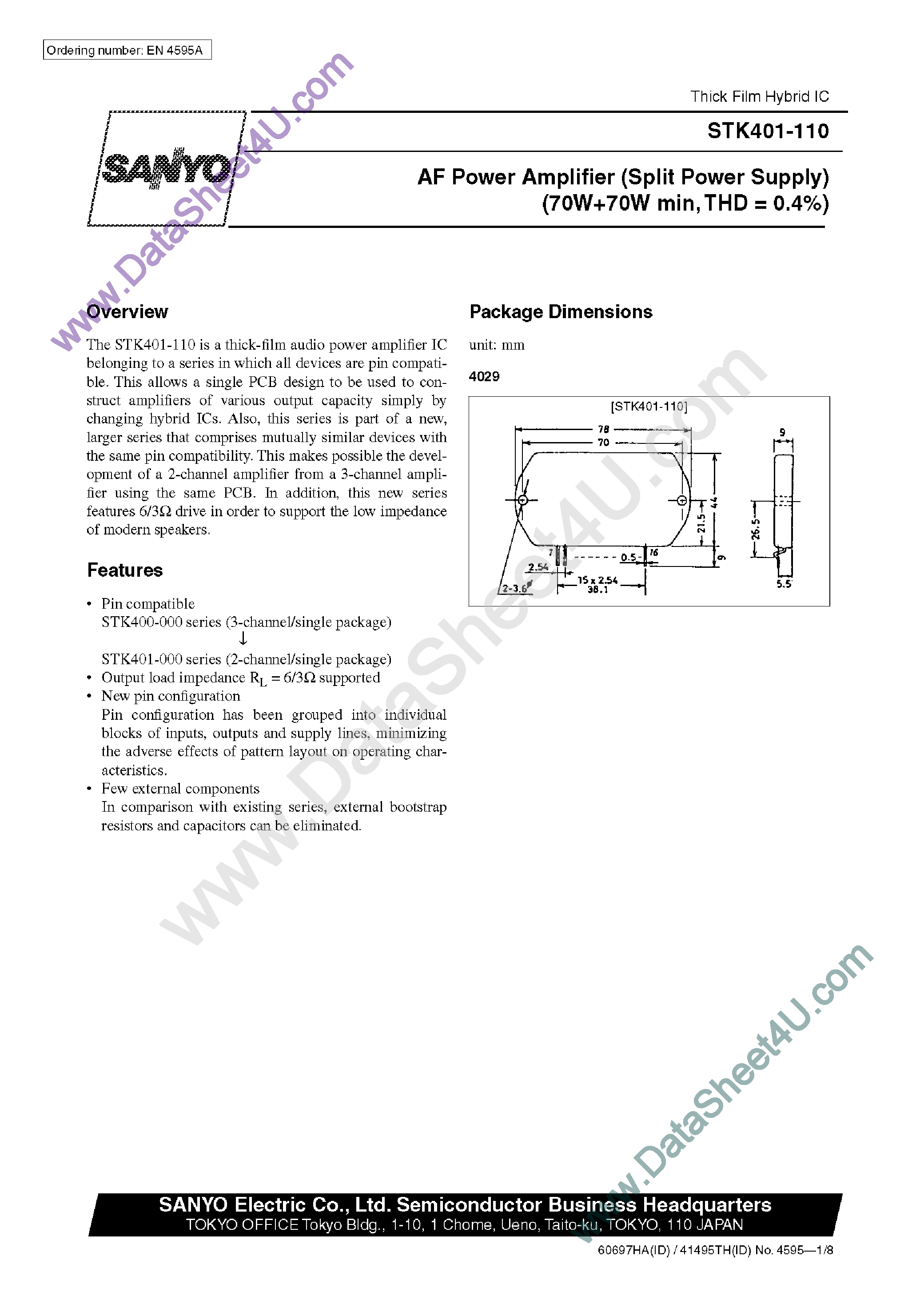 Datasheet STK401-110 - AF Power Amplifier page 1