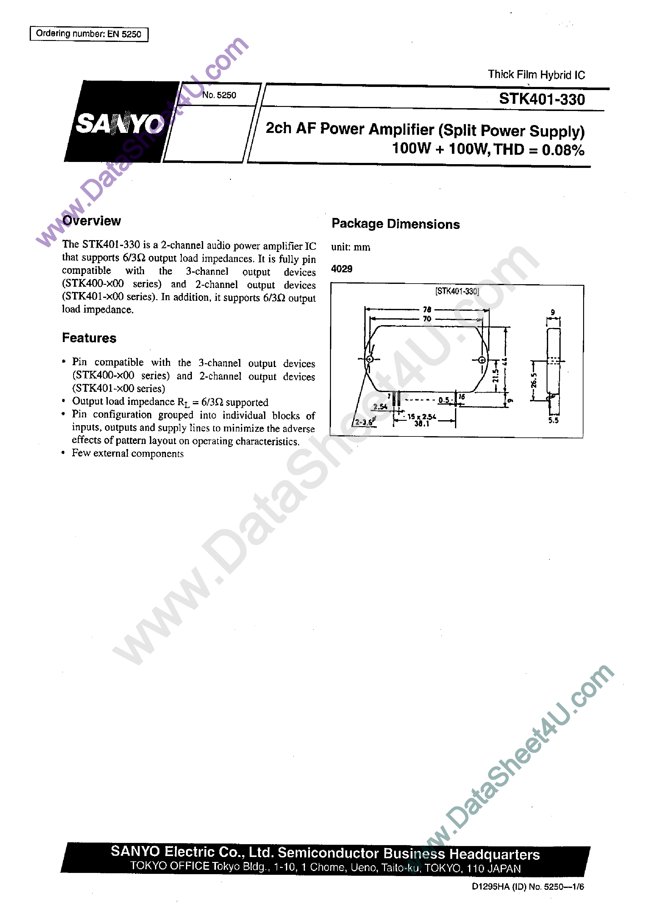 Datasheet STK401-330 - AF Power Amplifier page 1