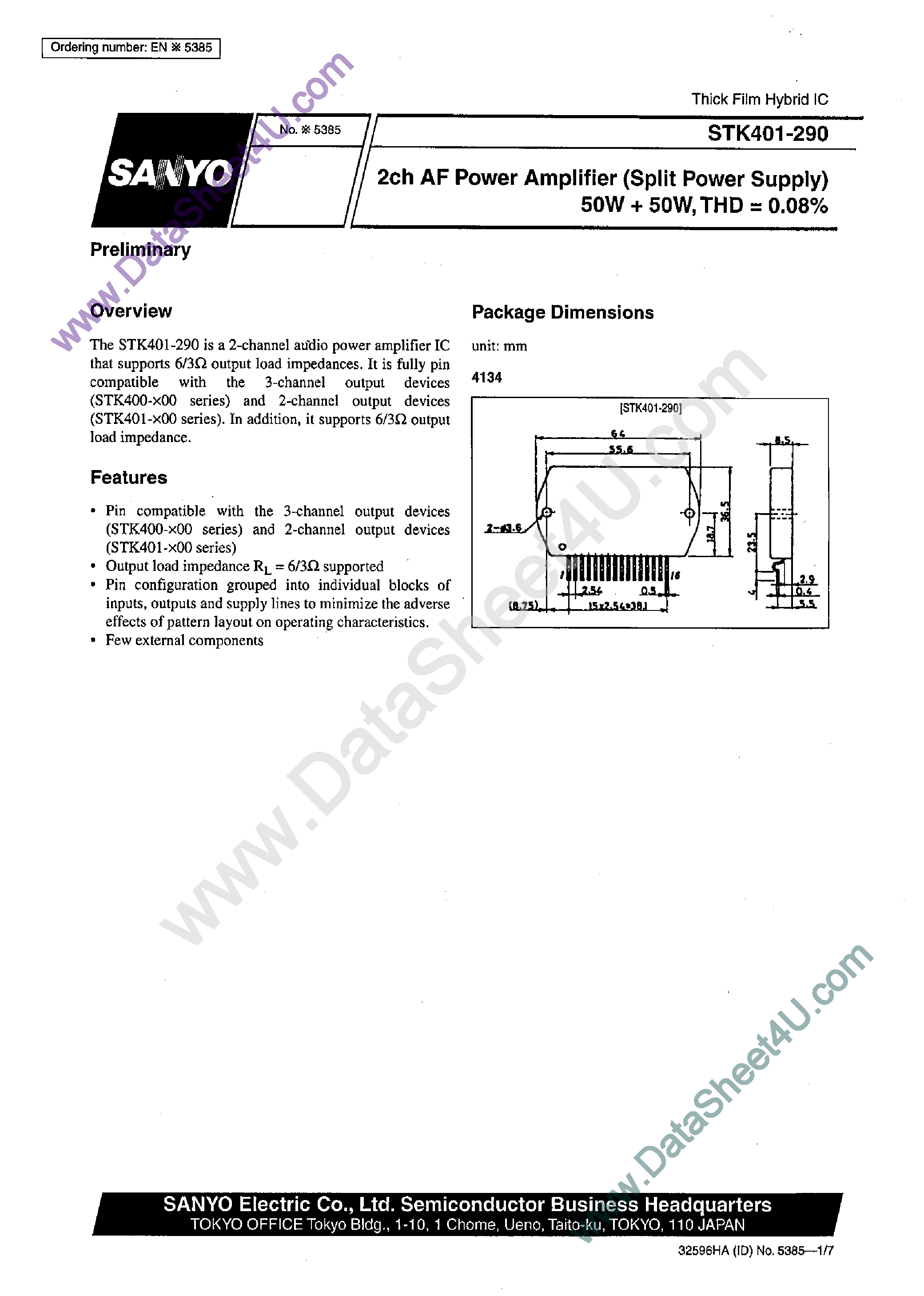 Datasheet STK401-290 - AF Power Amplifier page 1