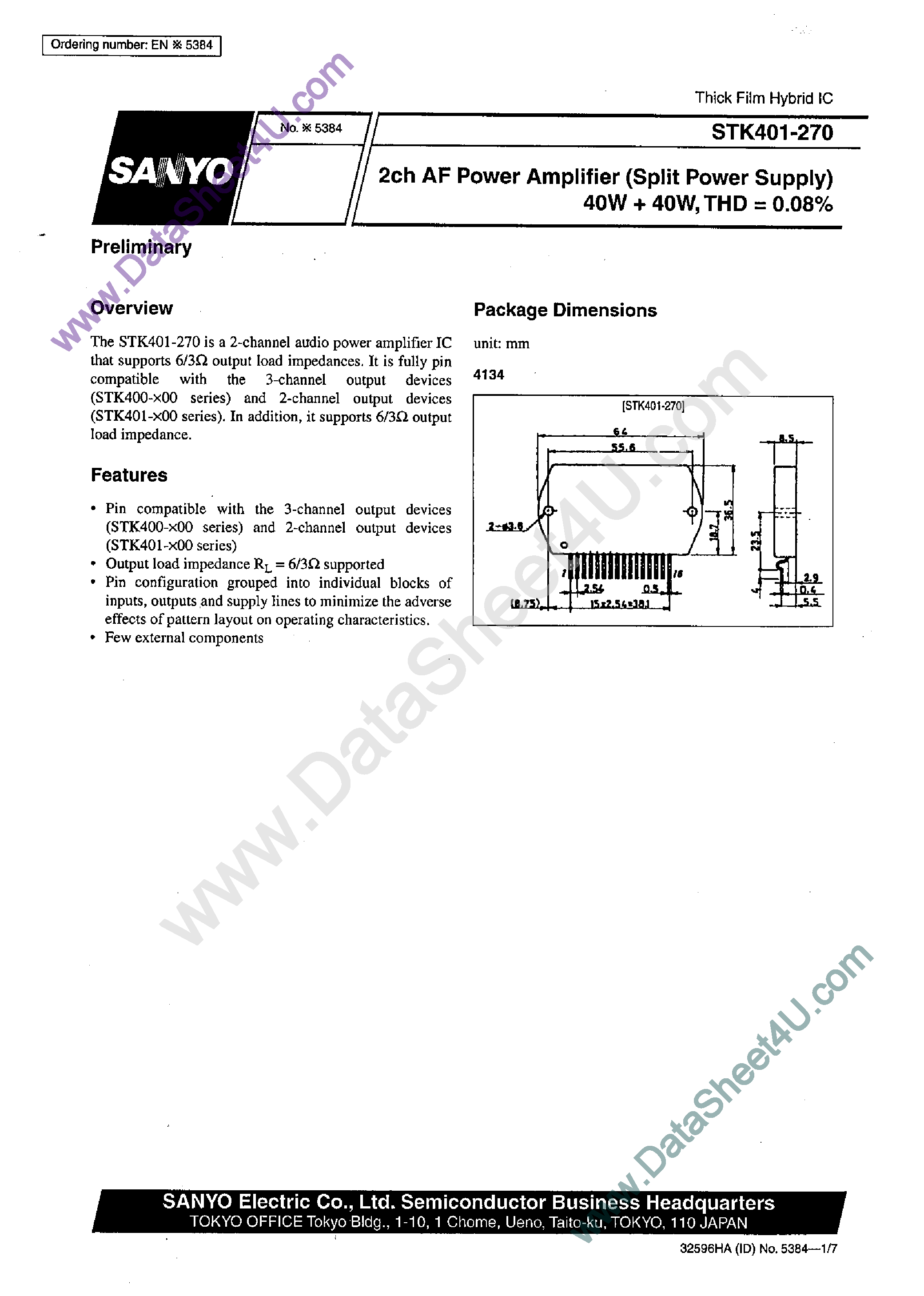 Datasheet STK401-270 - AF Power Amplifier page 1