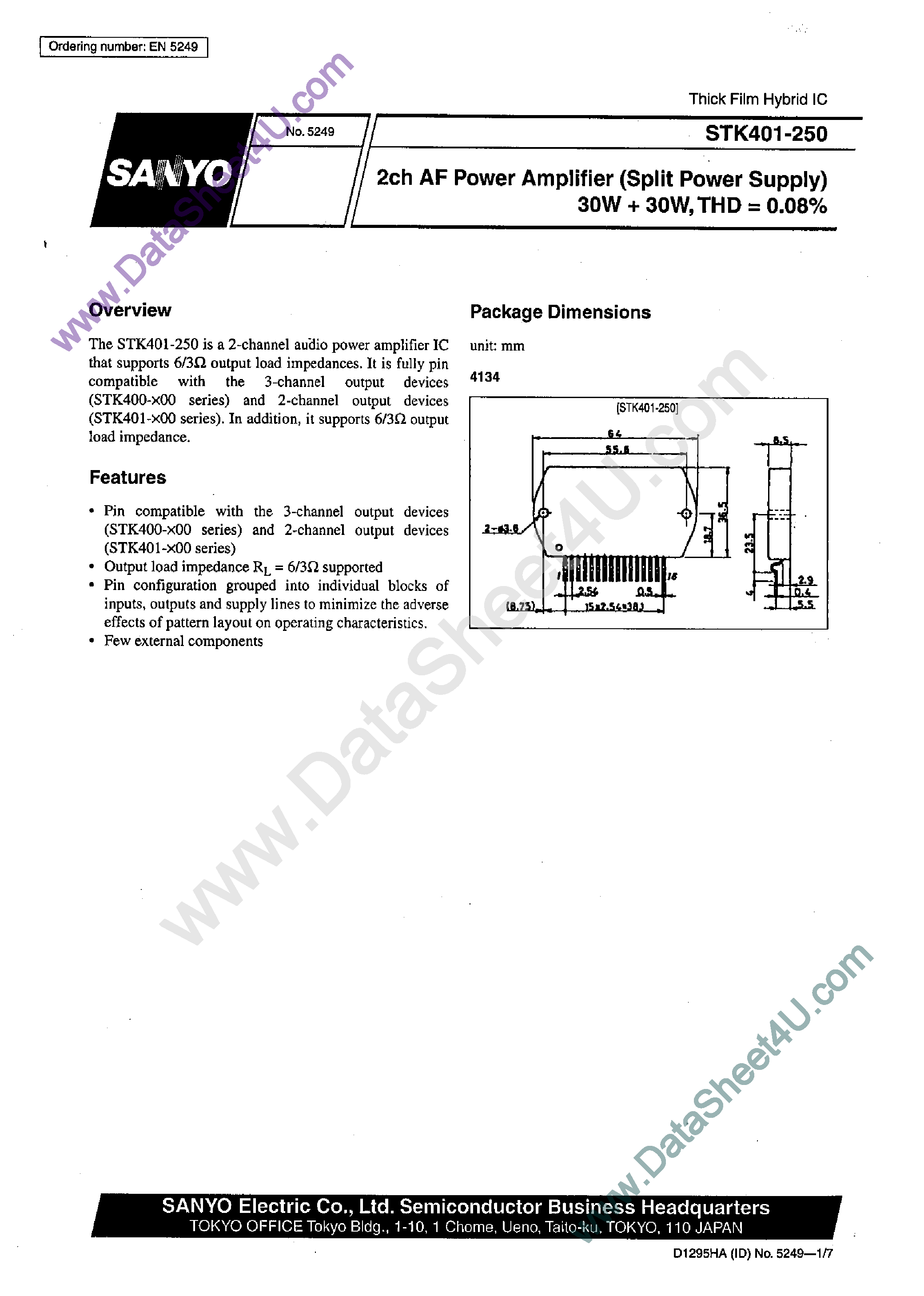 Datasheet STK401-250 - AF Power Amplifier page 1