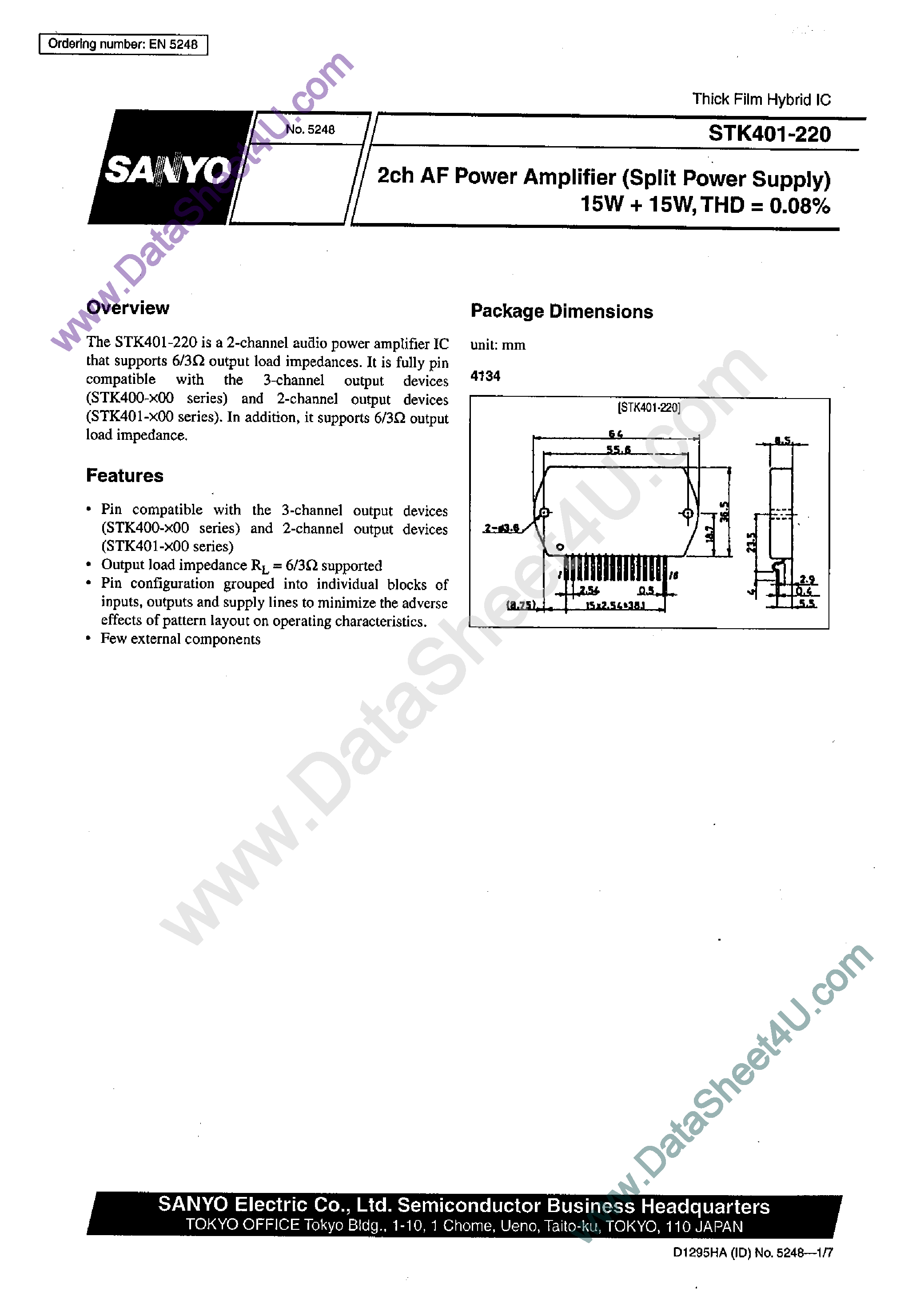 Datasheet STK401-220 - AF Power Amplifier page 1