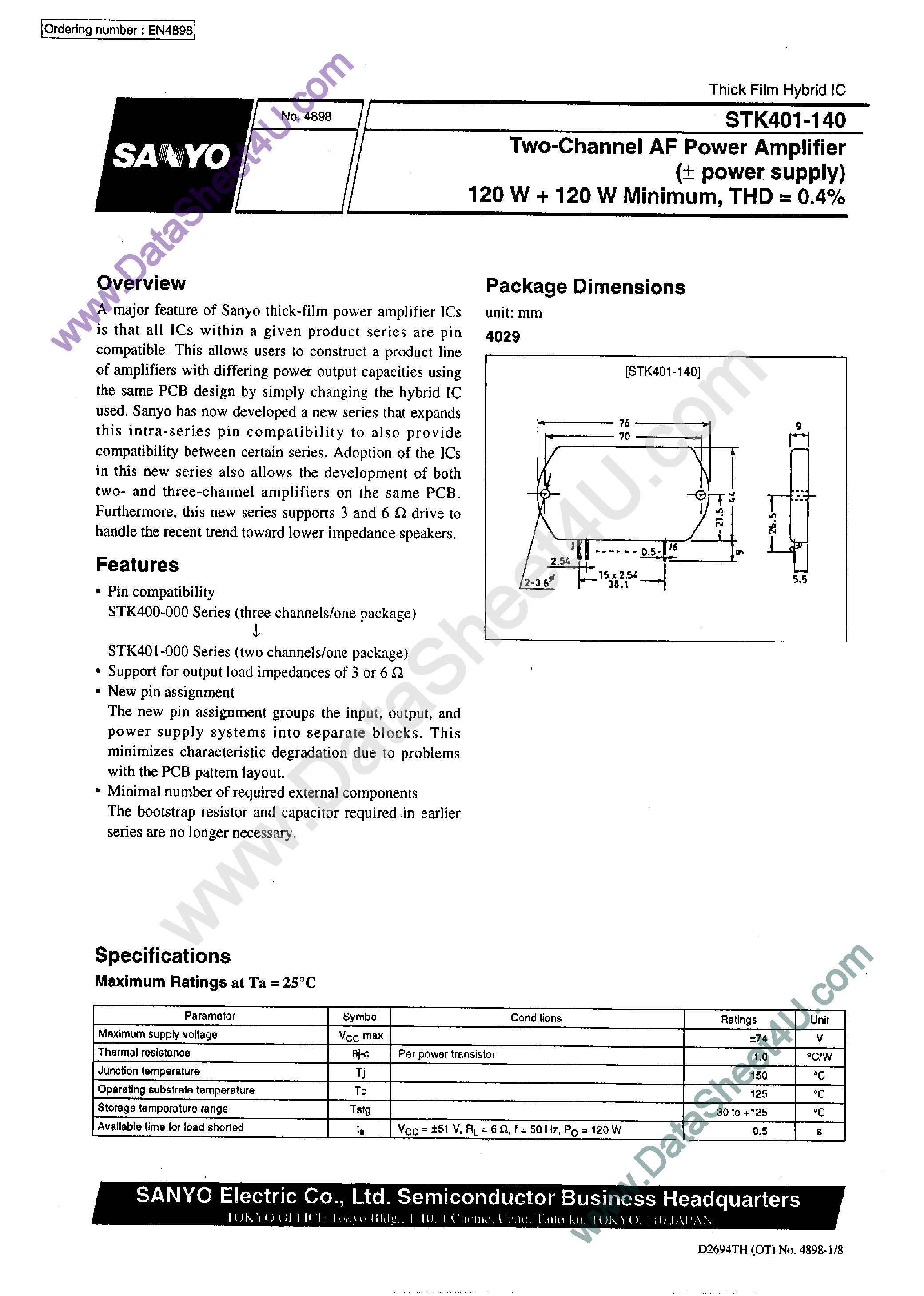 Datasheet STK401-140 - AF Power Amplifier page 1