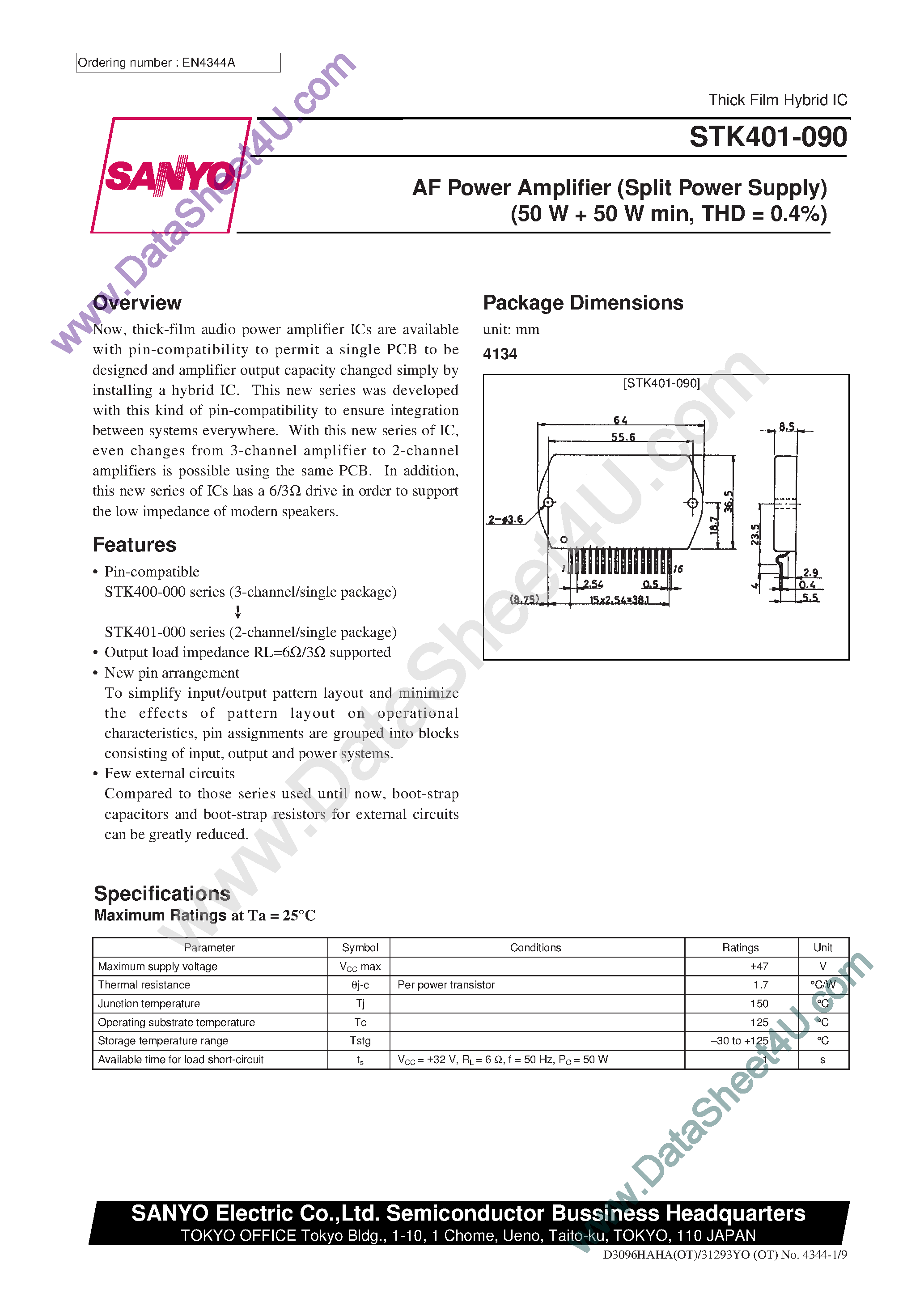 Datasheet STK401-090 - AF Power Amplifier page 1