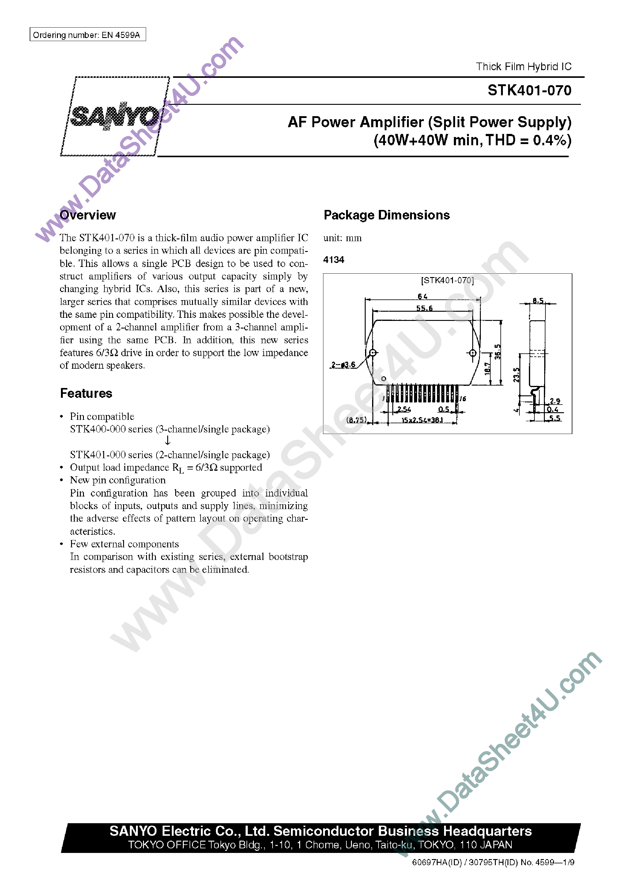 Datasheet STK401-070 - AF Power Amplifier page 1