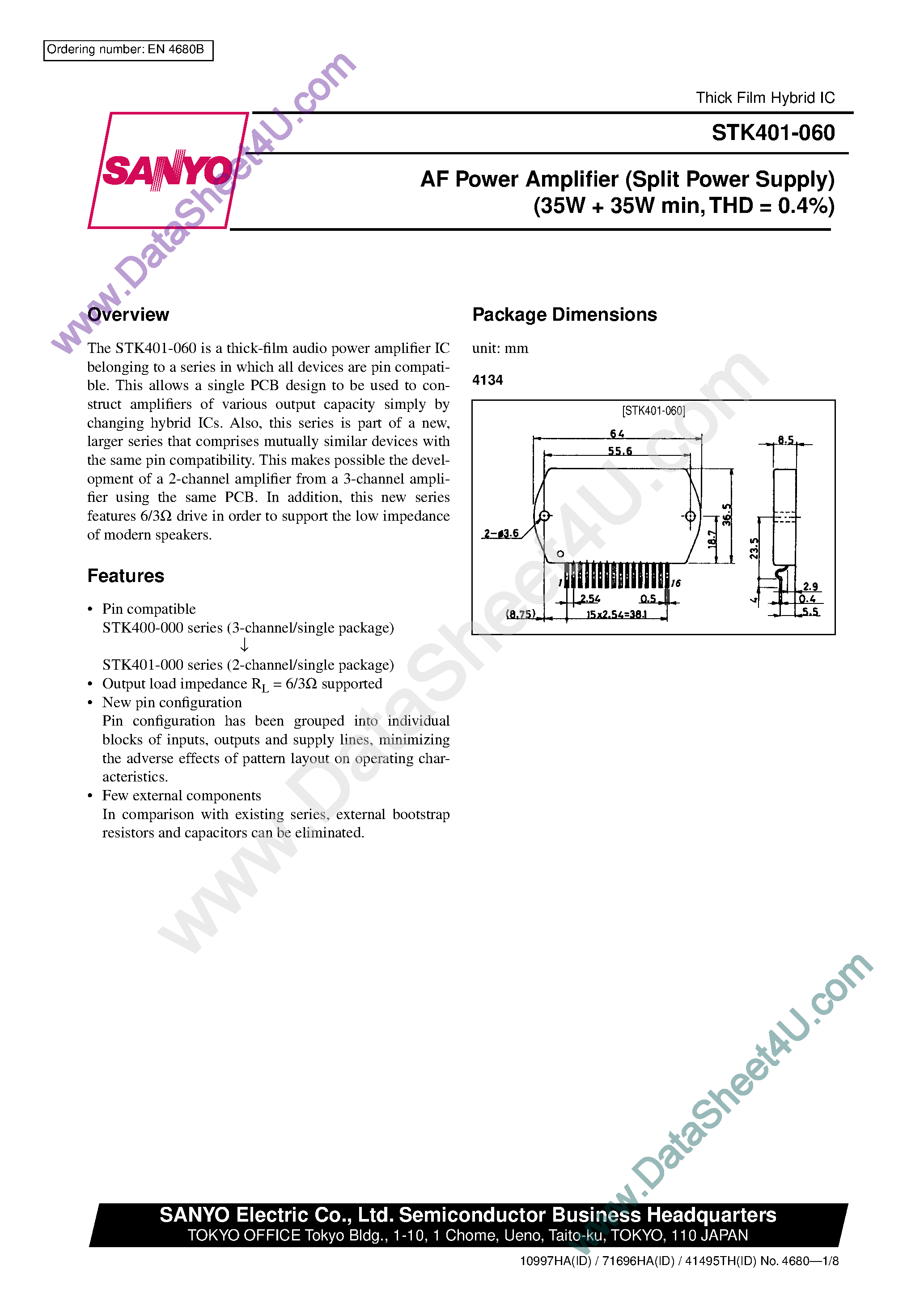 Datasheet STK401-060 - AF Power Amplifier page 1