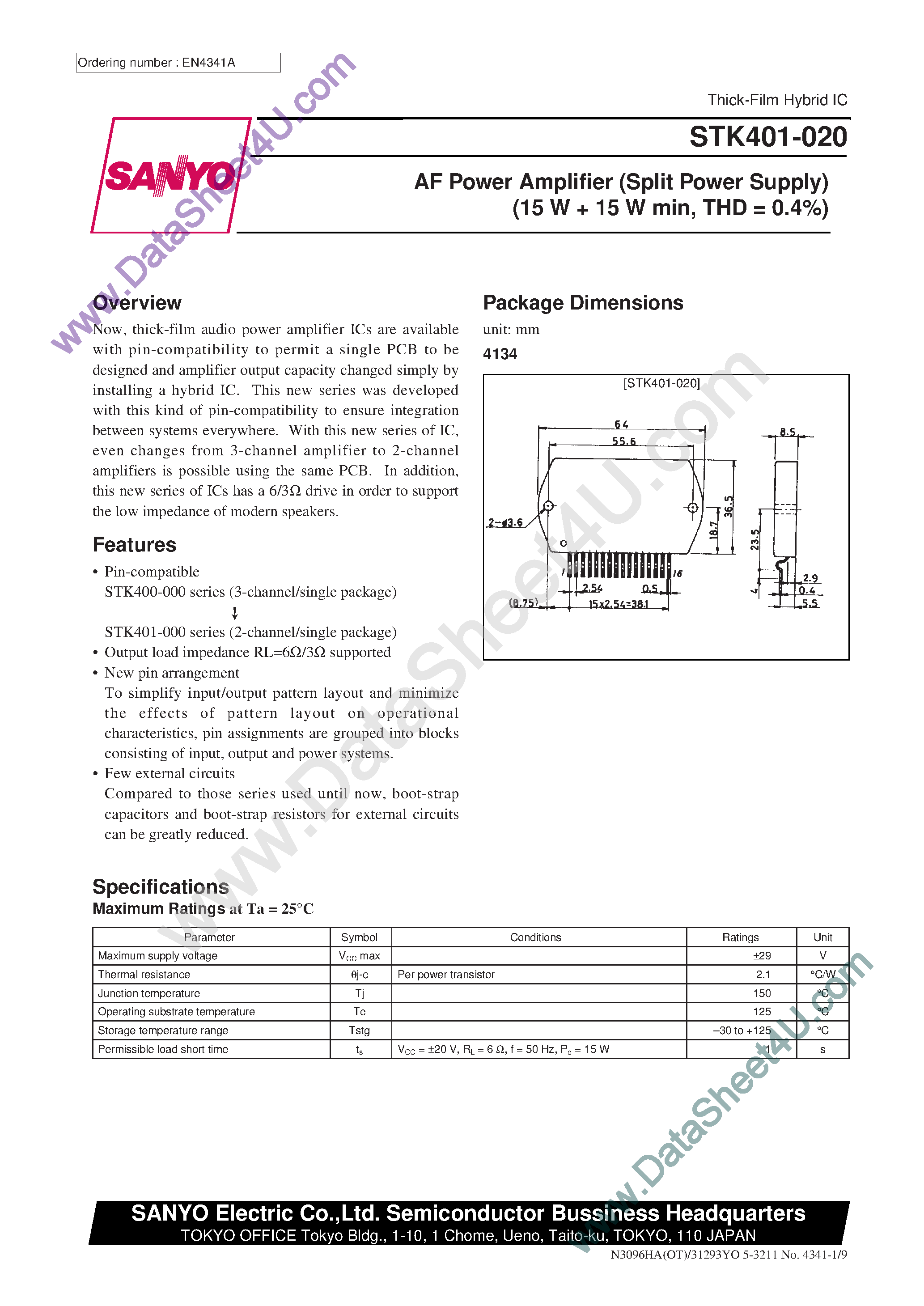 Datasheet STK401-020 - AF Power Amplifier page 1