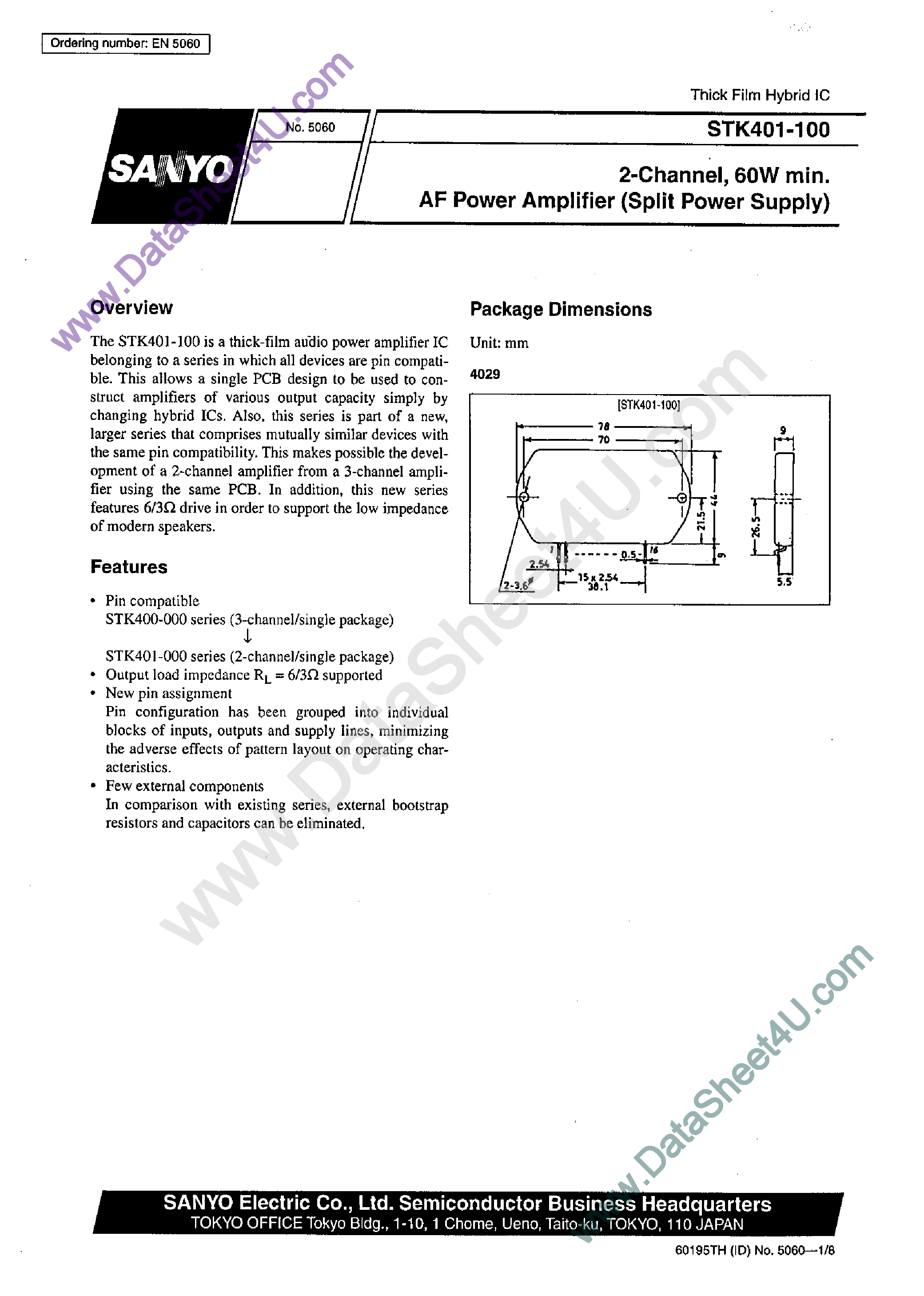 Datasheet STK401-100 - AF Power Amplifier page 1