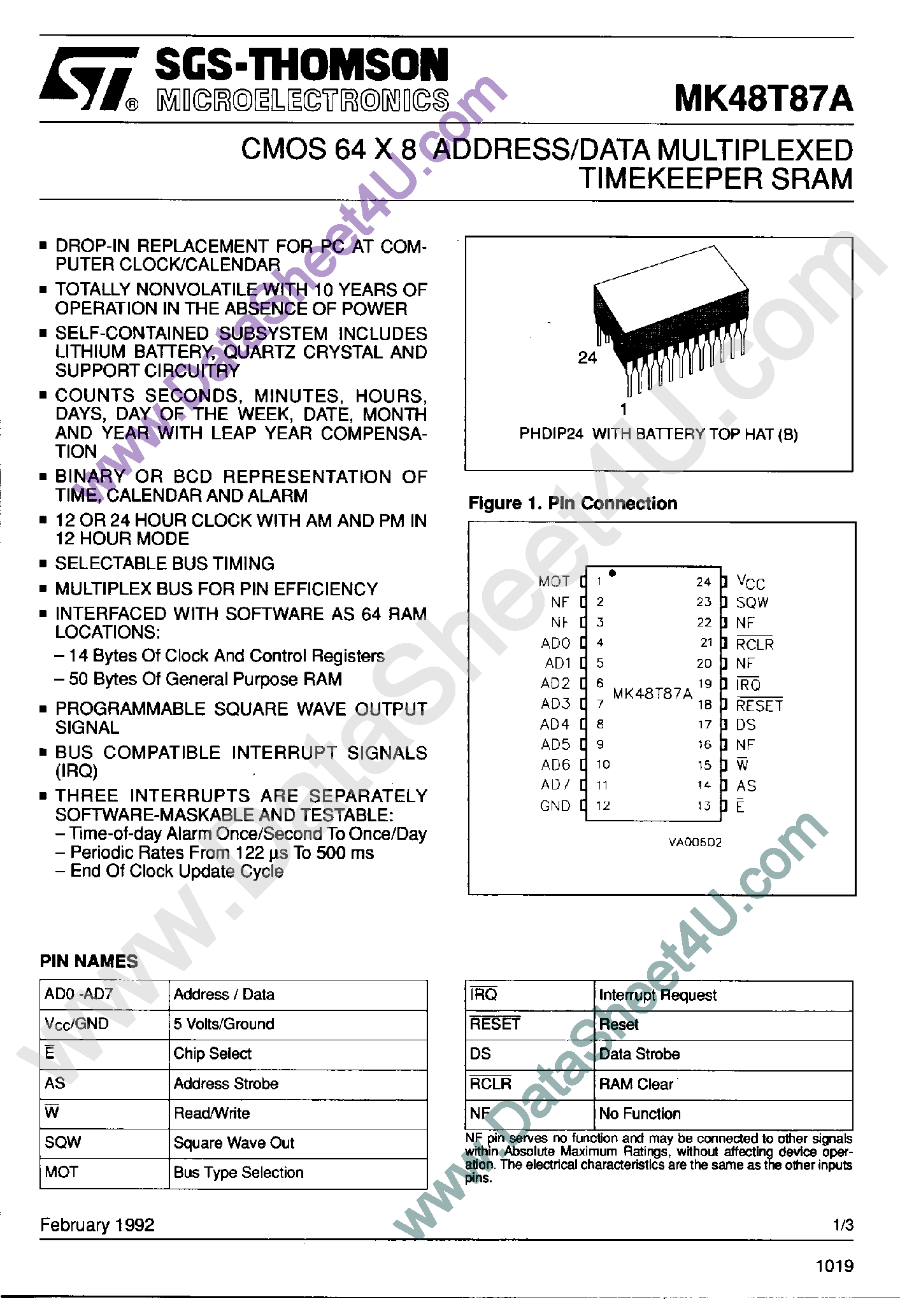 Даташит MK48T87A - CMOS 64 x 8 Address / Data Multiplexed Timekeeper SRAM страница 1