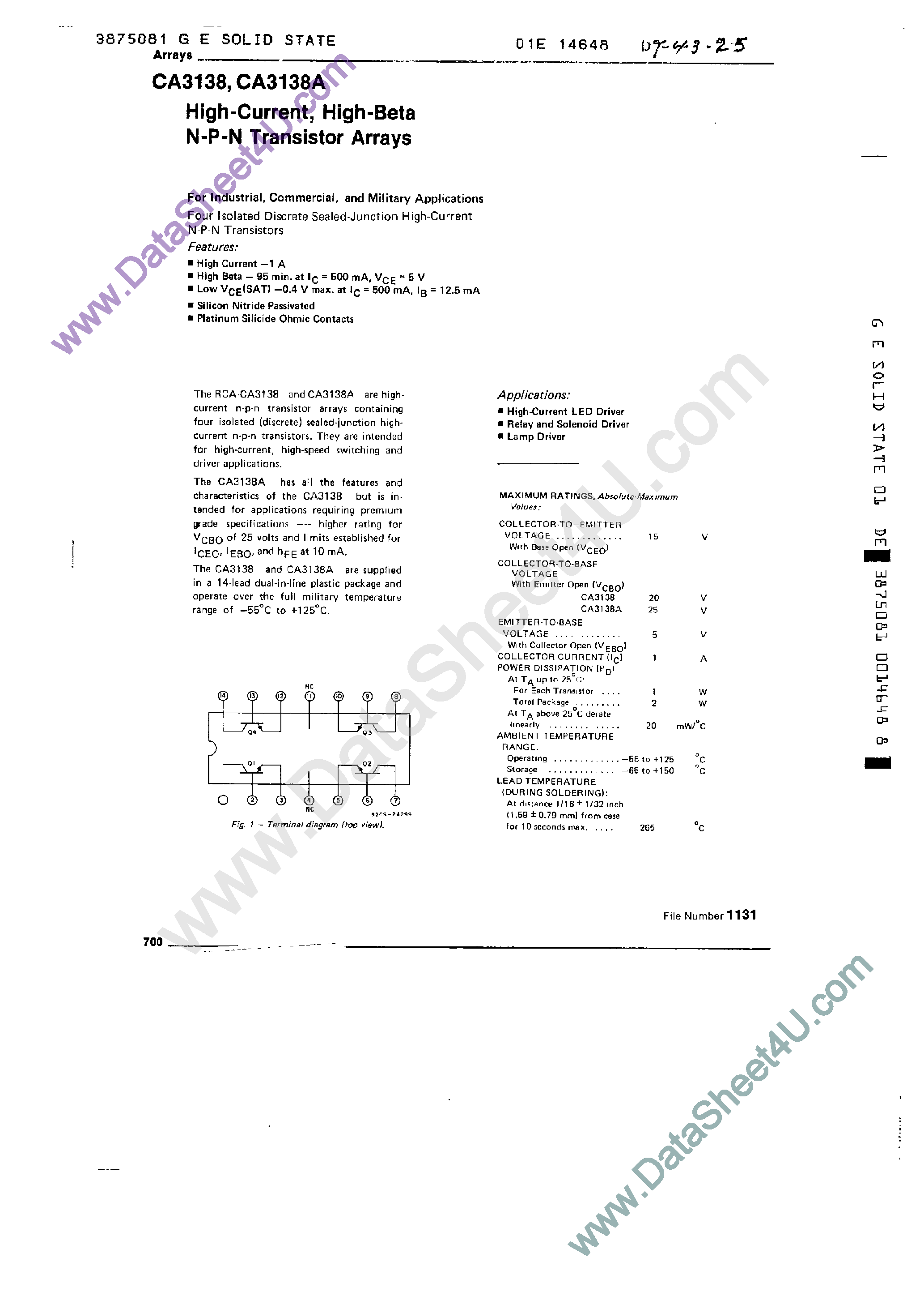 Даташит CA3138 - High-current / high-beta N-P-N transistor array страница 1