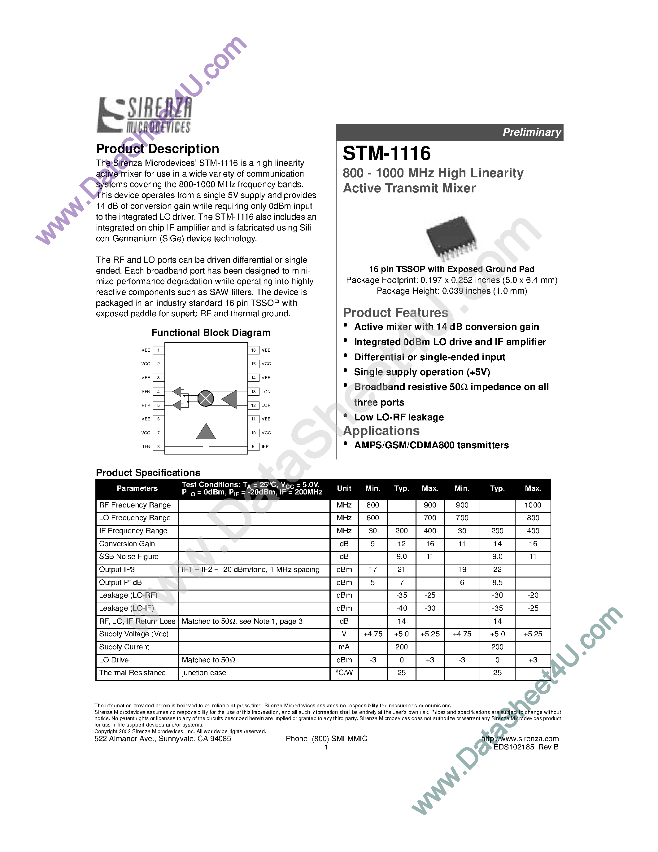 Даташит STM-1116 - 800 - 1000 MHz High Linearity Active Transmit Mixer страница 1