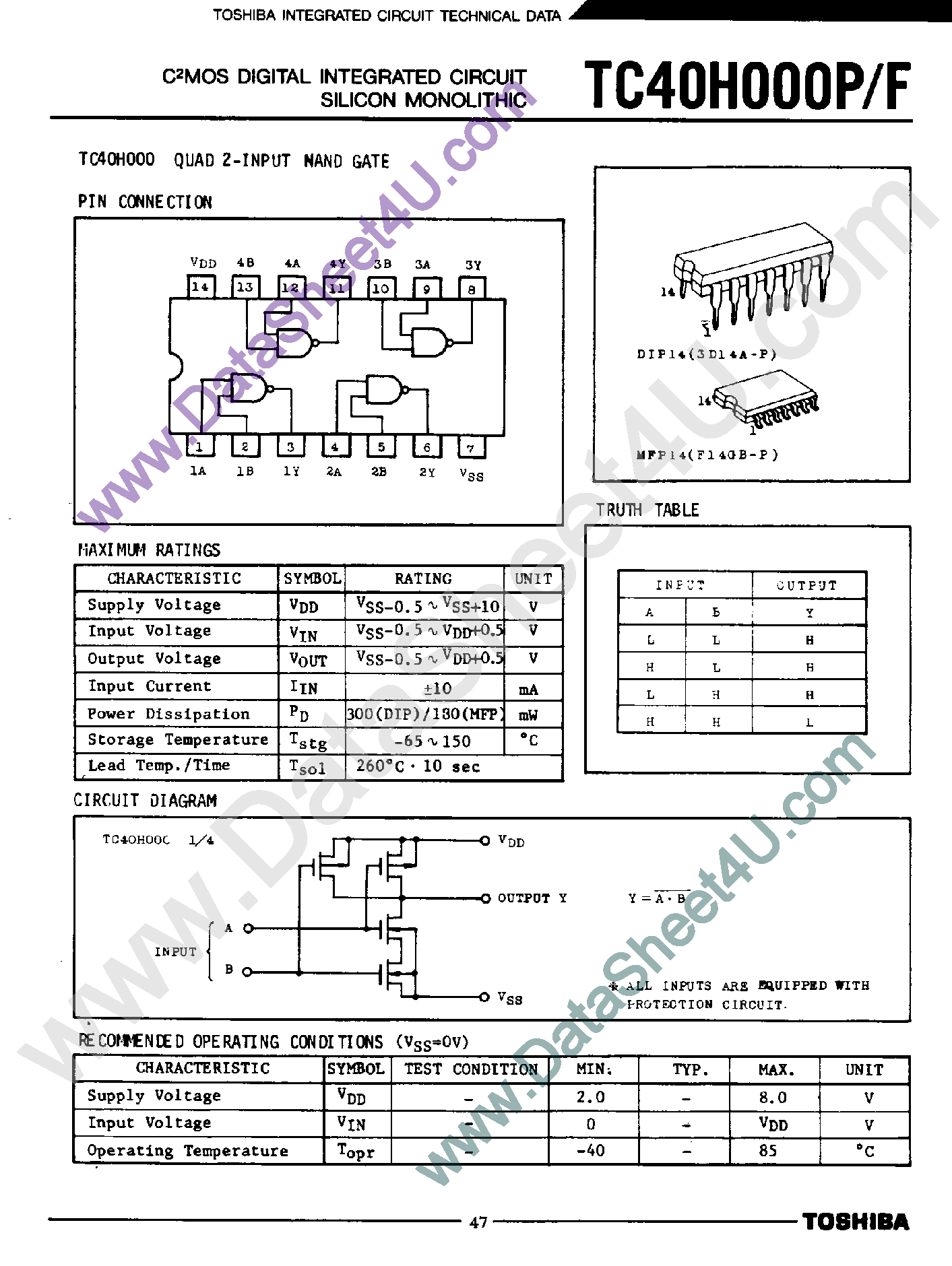 Даташит TC40H000 - Quad 2-Input NAND Gate страница 1