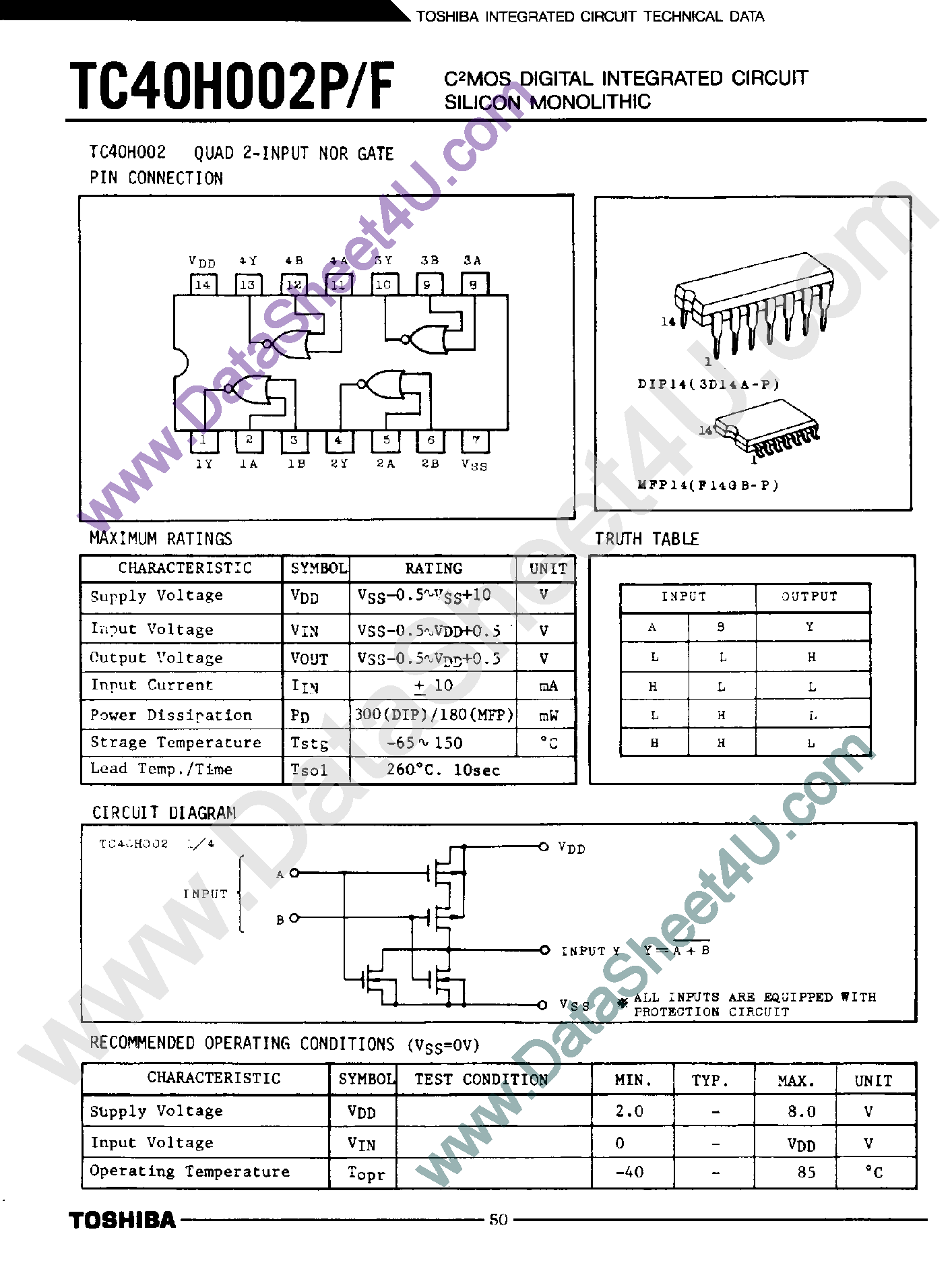 Даташит TC40H002 - Quad 2-Input NOR Gate страница 1