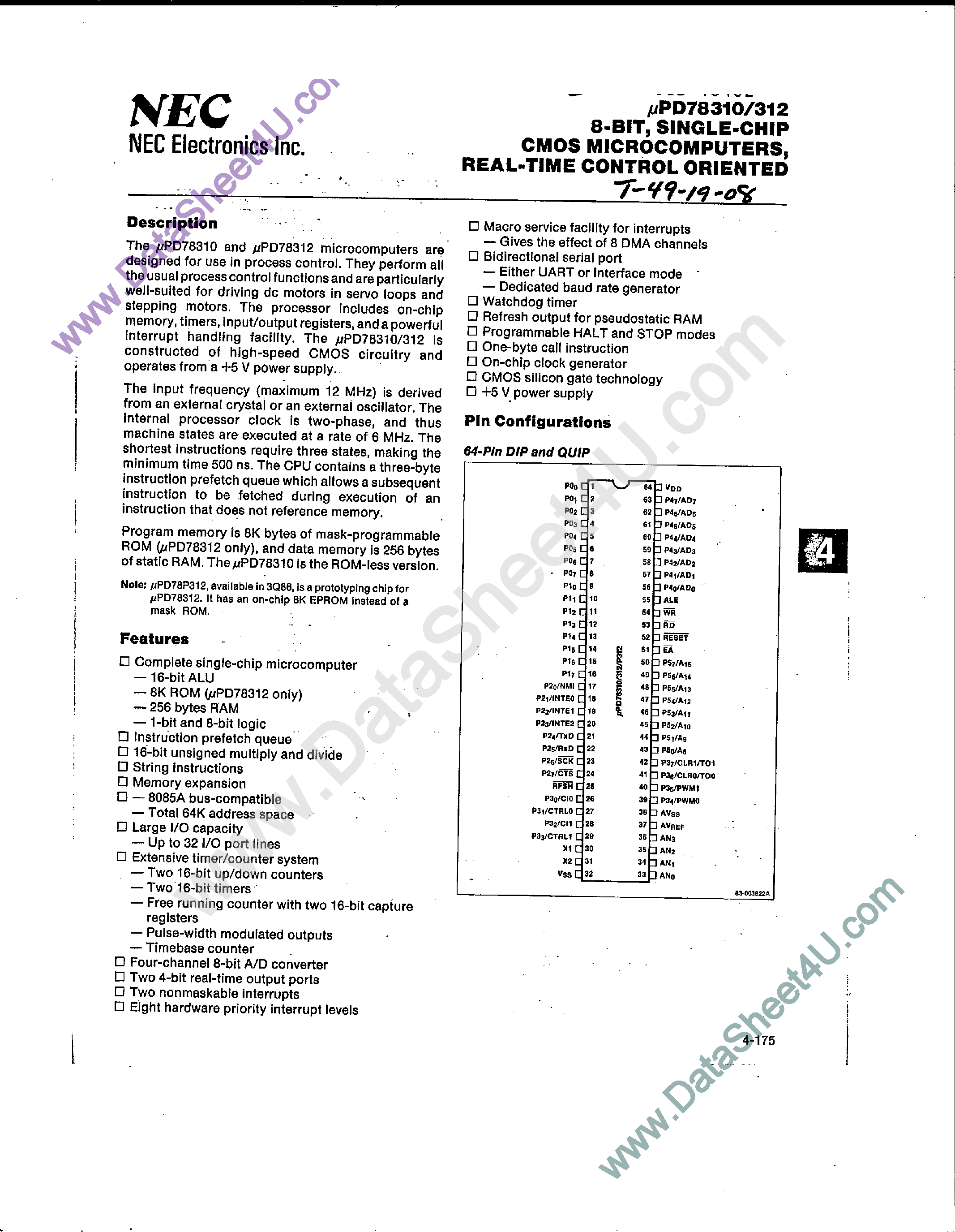 Даташит UPD78P310 - (UPD78P310 / UPD78P312) 8-BIT SINGLE-CHIP CMOS MICROCOMPUTERS / REAL-TIME CONTROL ORIENTED страница 1