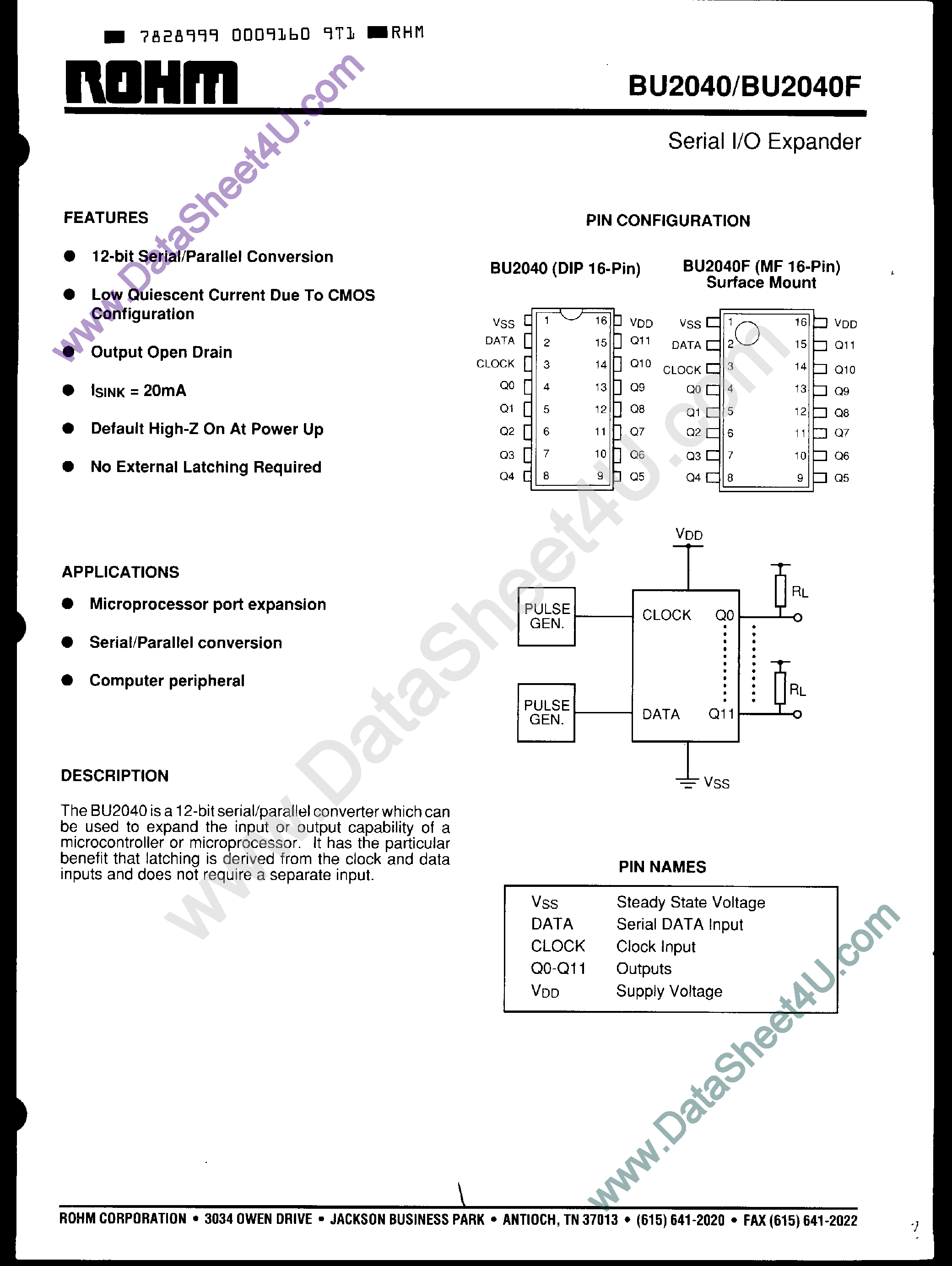 Даташит BU2040 - Serial I/O Expander страница 1